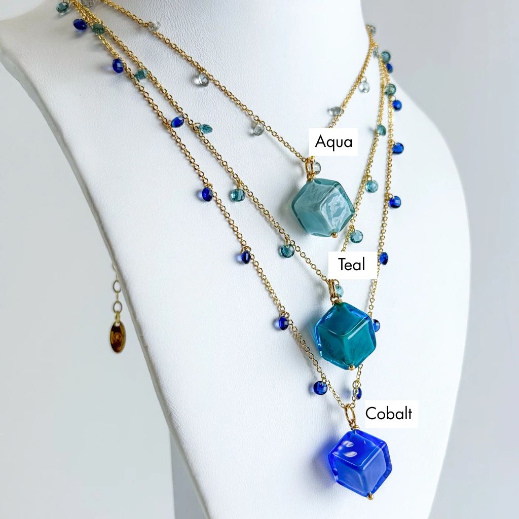 Handcrafted Murano Glass Dolce Necklace with colorful cube beads, made in Italy, showcasing vibrant glass jewelry.