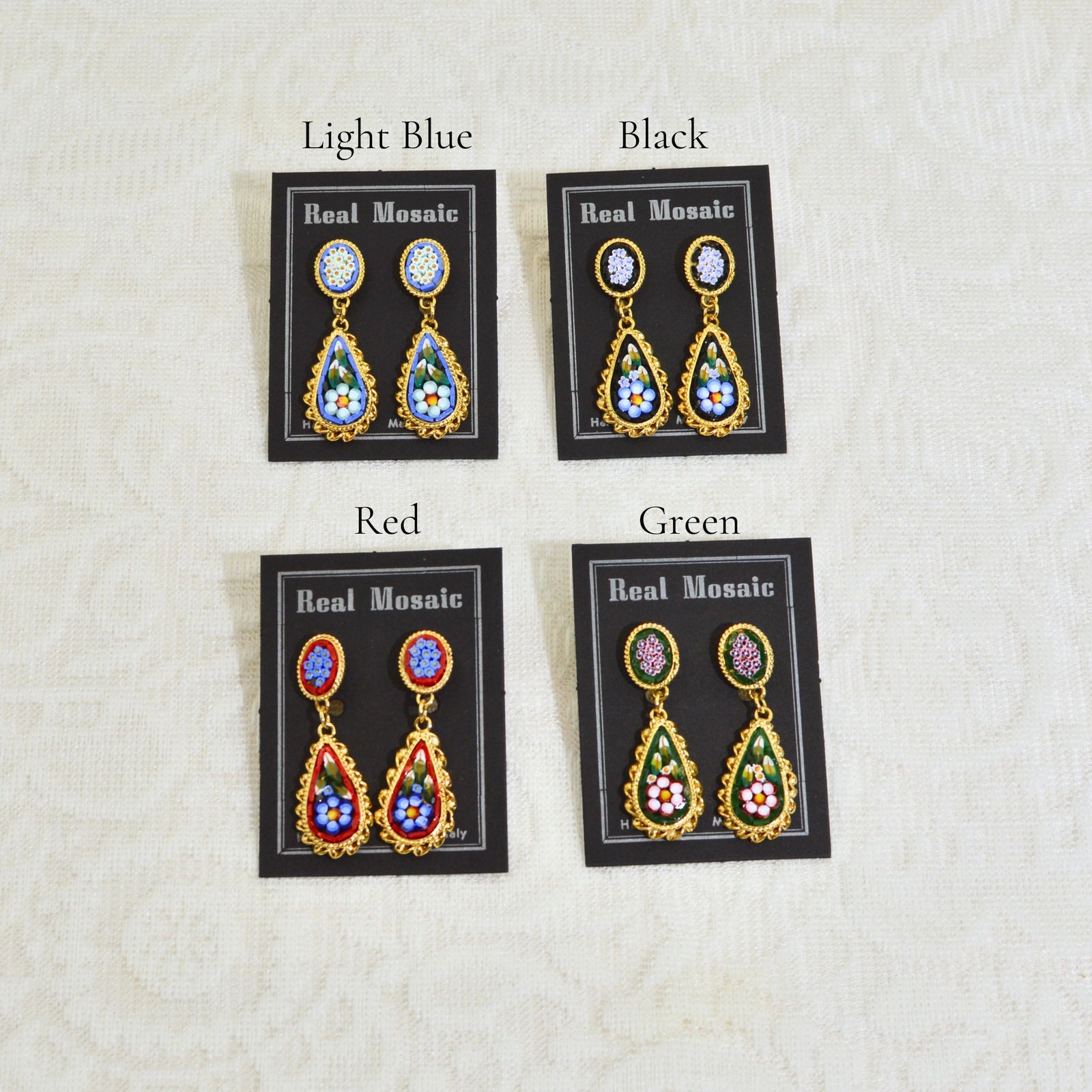 Florentine mosaic earrings by My Italian Decor featuring double-drop design made in Italy, with colorful mosaic patterns.