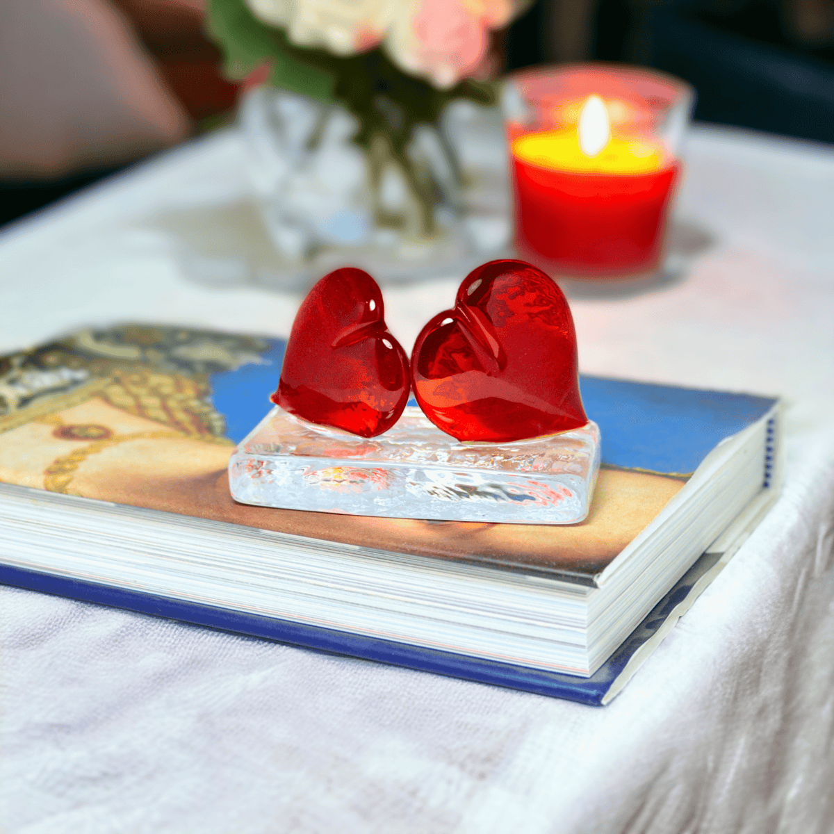 Murano Glass Pair of Red Hearts Sculpture, Figurine, Paperweight - My Italian Decor