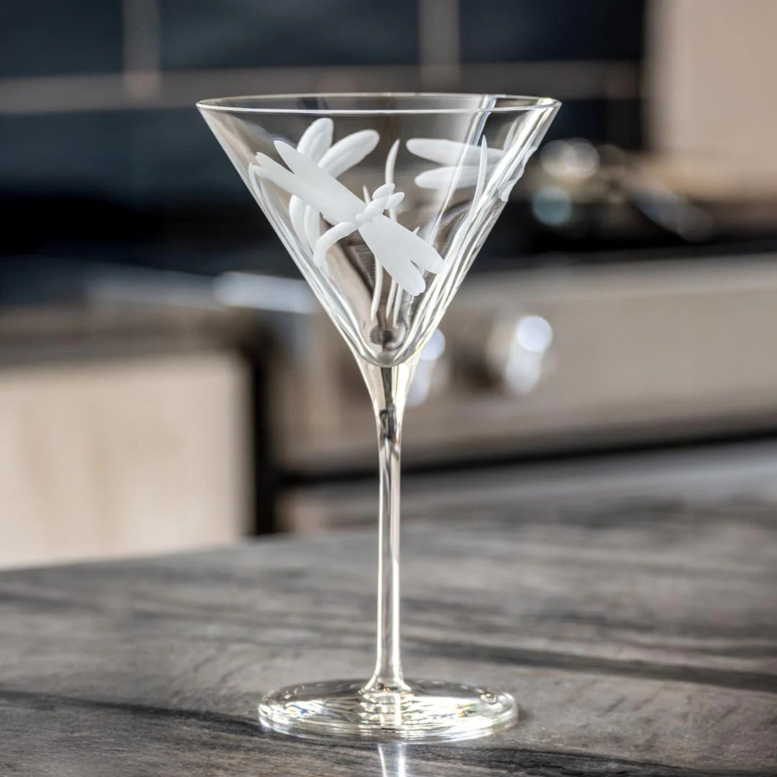 Set of 2 Dragonfly Martini Glasses by My Italian Decor, clear glass with dragonfly design, perfect for elegant cocktails.