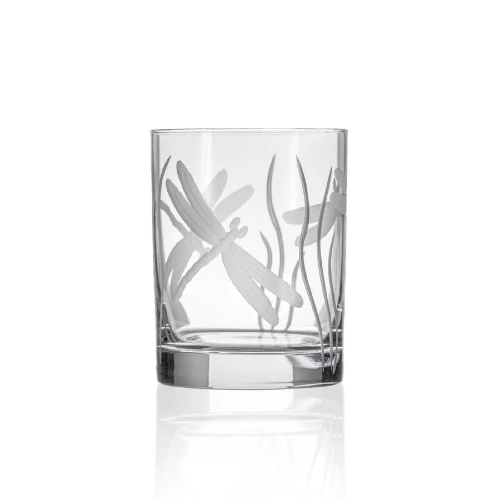 Set of 2 dragonfly whiskey tumblers by My Italian Decor, clear glass drinkware with detailed dragonfly design, USA made.