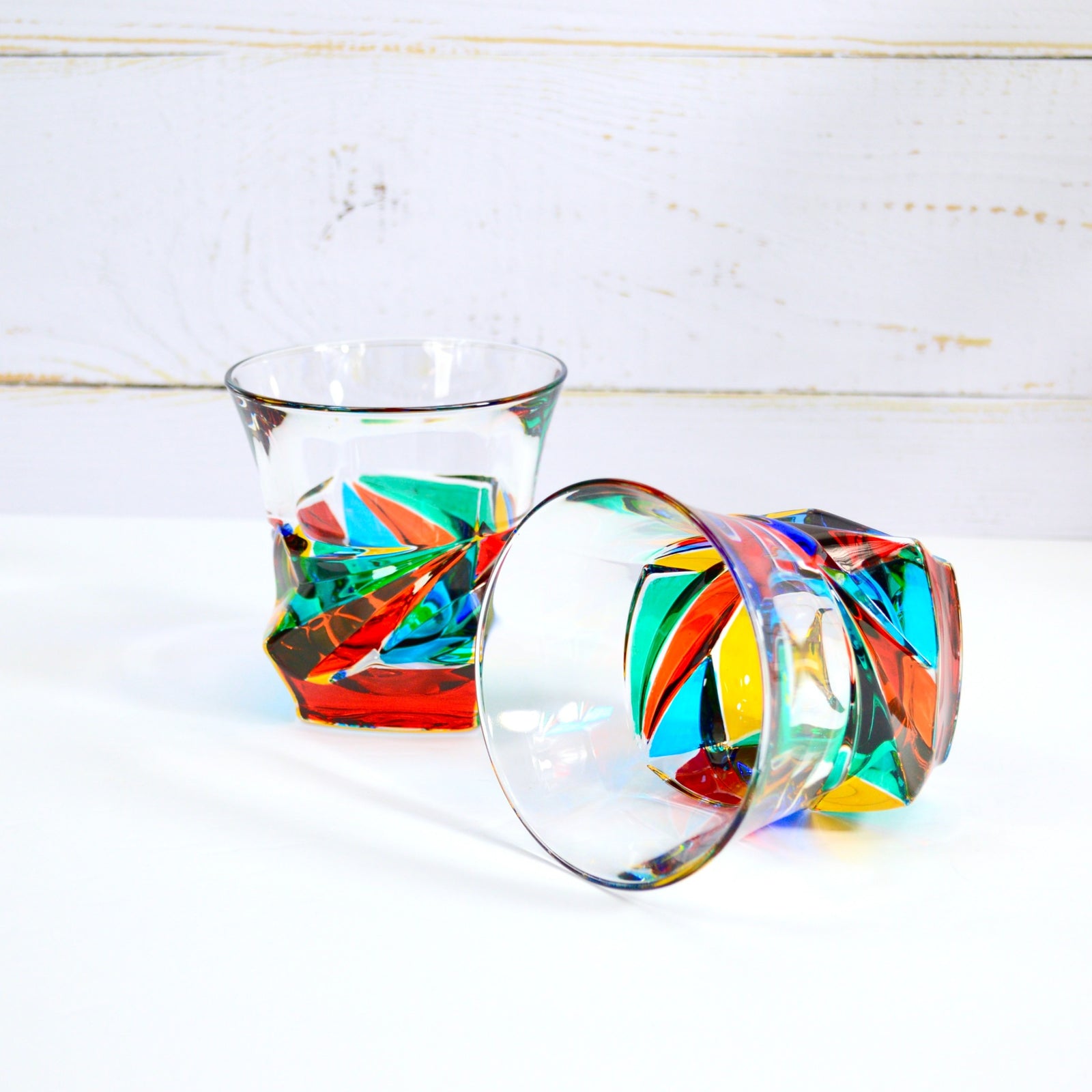 Set of two Italian-made DZ Dyno short crystal tumblers, clear glass drinking glasses for everyday use.