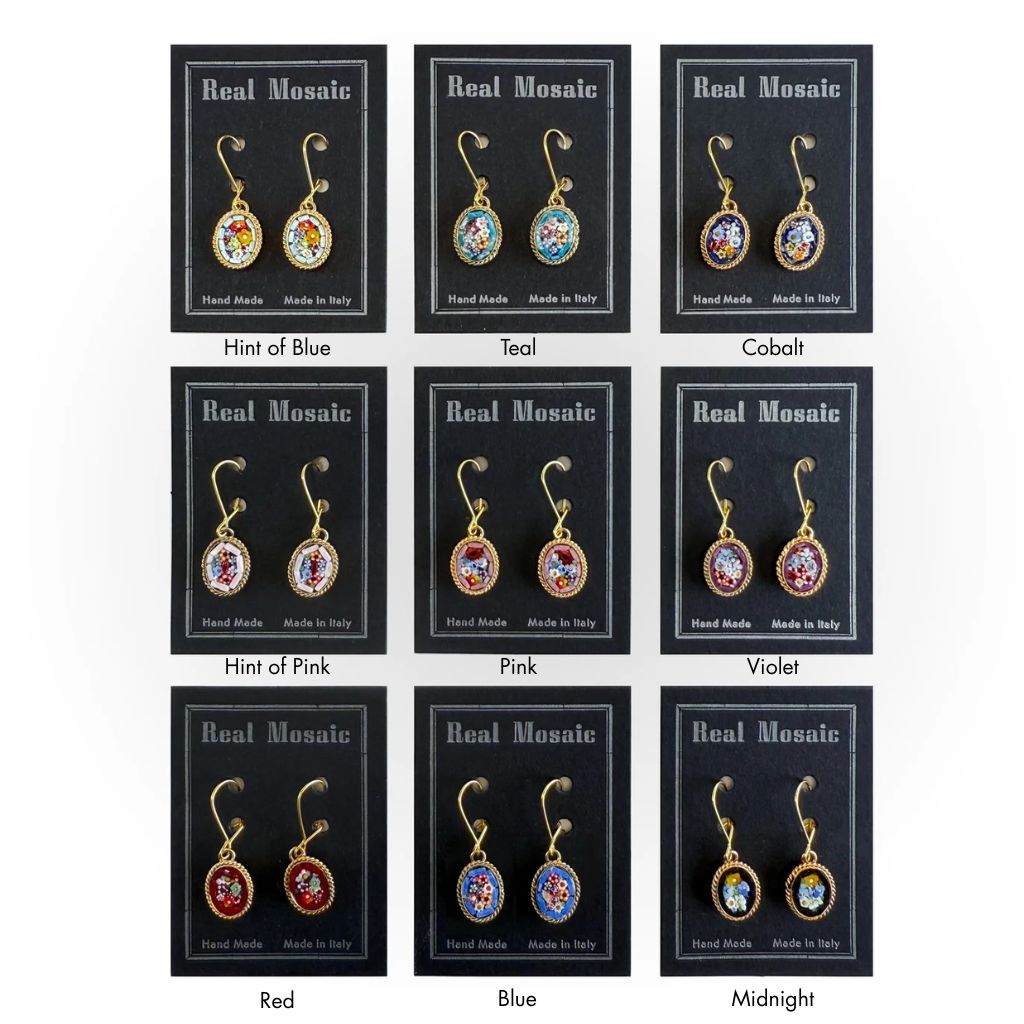 Small oval Florentine micro mosaic earrings by My Italian Decor, featuring colorful millefiori designs, made in Italy.