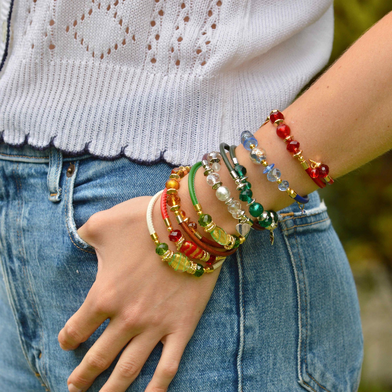 Colorful Murano Glass Rosella Beaded Bracelet by MyItalianDecor, showcasing vibrant glass beads from a top view.