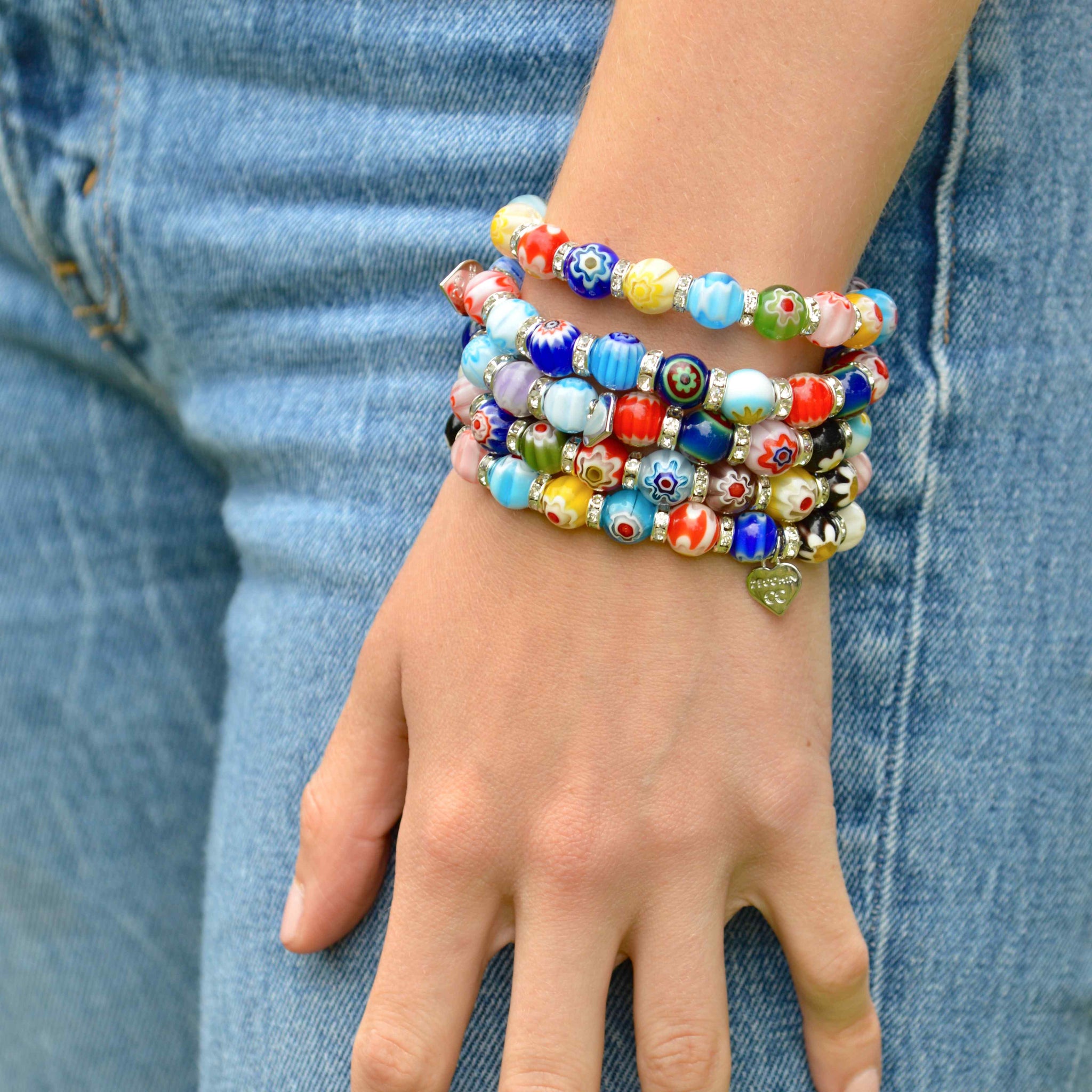 Close-up of Murano glass Millefiori bead elastic bracelet by MyItalianDecor, showcasing colorful handmade Italian glass beads.