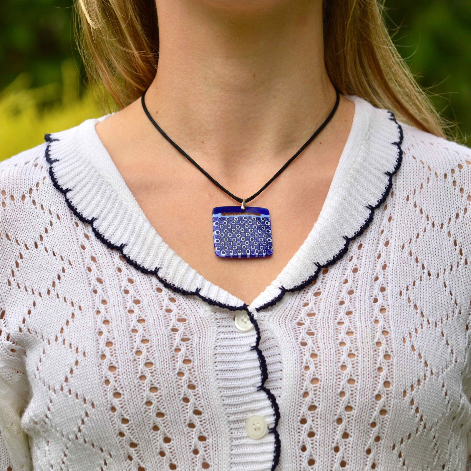 Murano Glass Millefiori Mosaic Square Pendant, Cobalt, Made in Italy - My Italian Decor