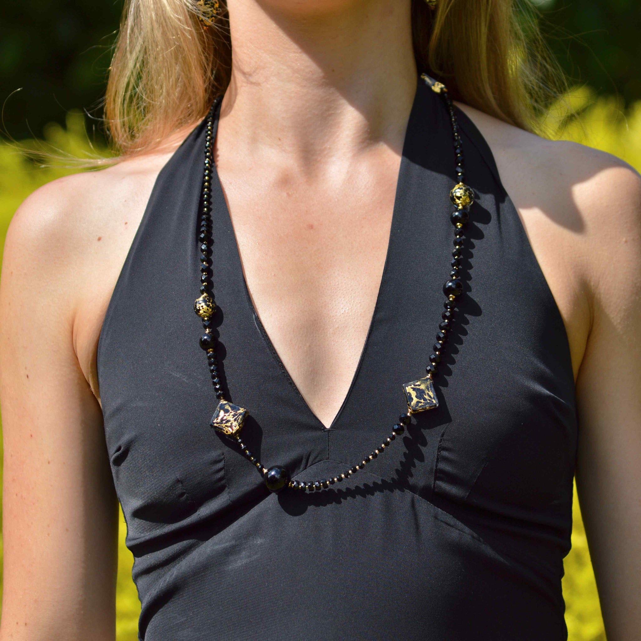 Murano Glass Notte Black & Gold Diamond Bead Necklace - My Italian Decor