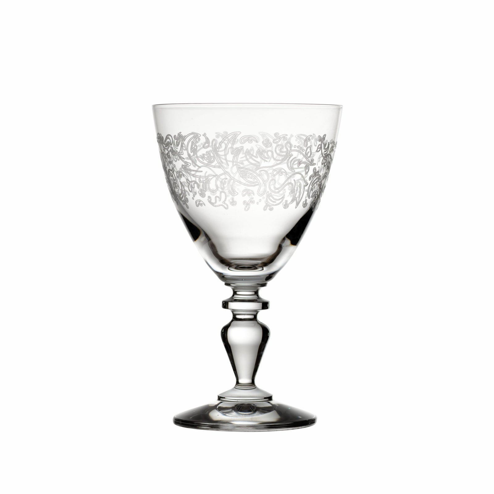 Set of 2 etched Italian Paolina wine goblets with plain rims, elegant glassware by My Italian Decor.