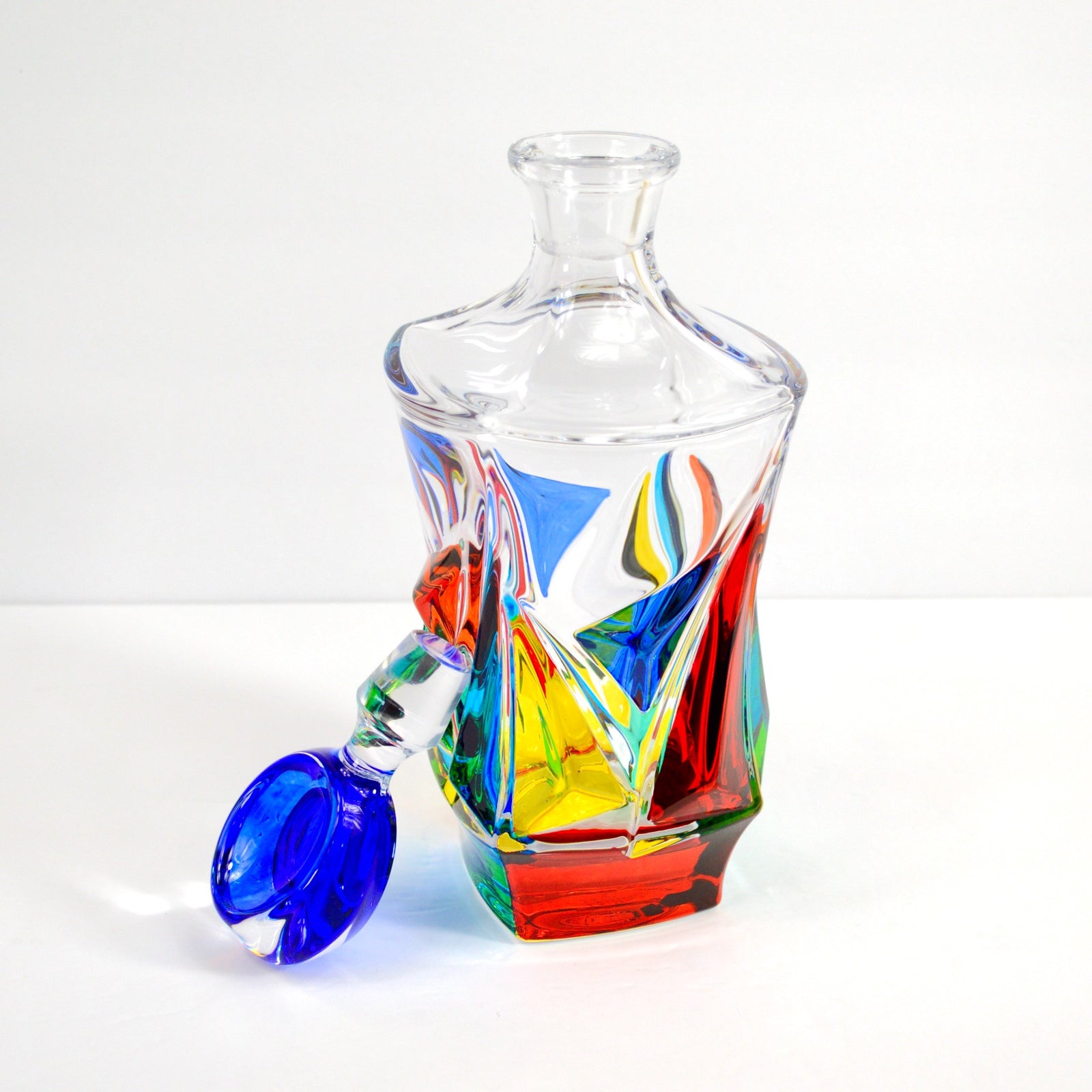 Hand-painted Italian crystal Empress decanter with matching glasses, elegant and decorative for fine wine or spirits.