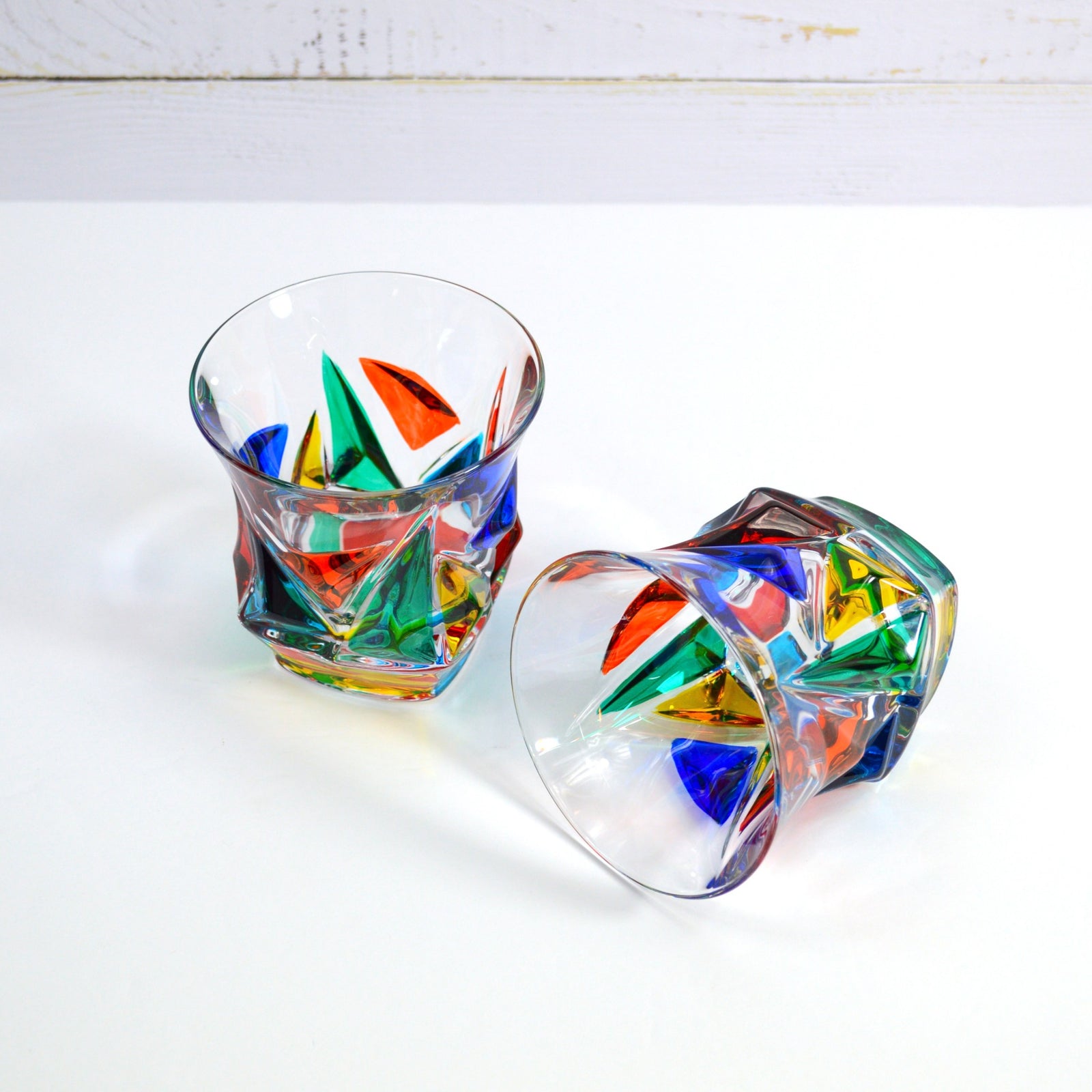 Set of 2 Italian crystal Empress tumblers by DZ, short drinking glasses with elegant design, made in Italy.