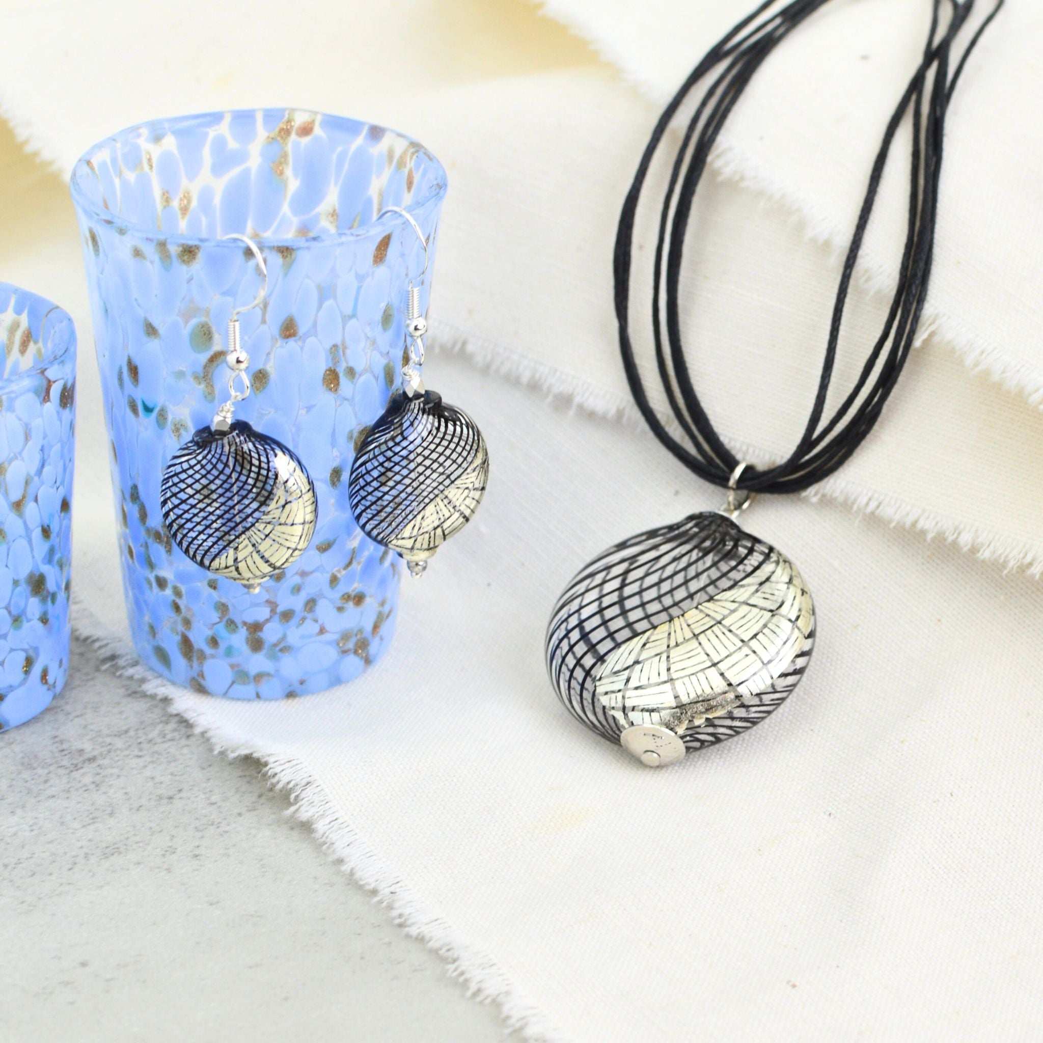 Murano Glass Aria Necklace and Earrings, Black & Silver, Handcrafted in Italy - My Italian Decor