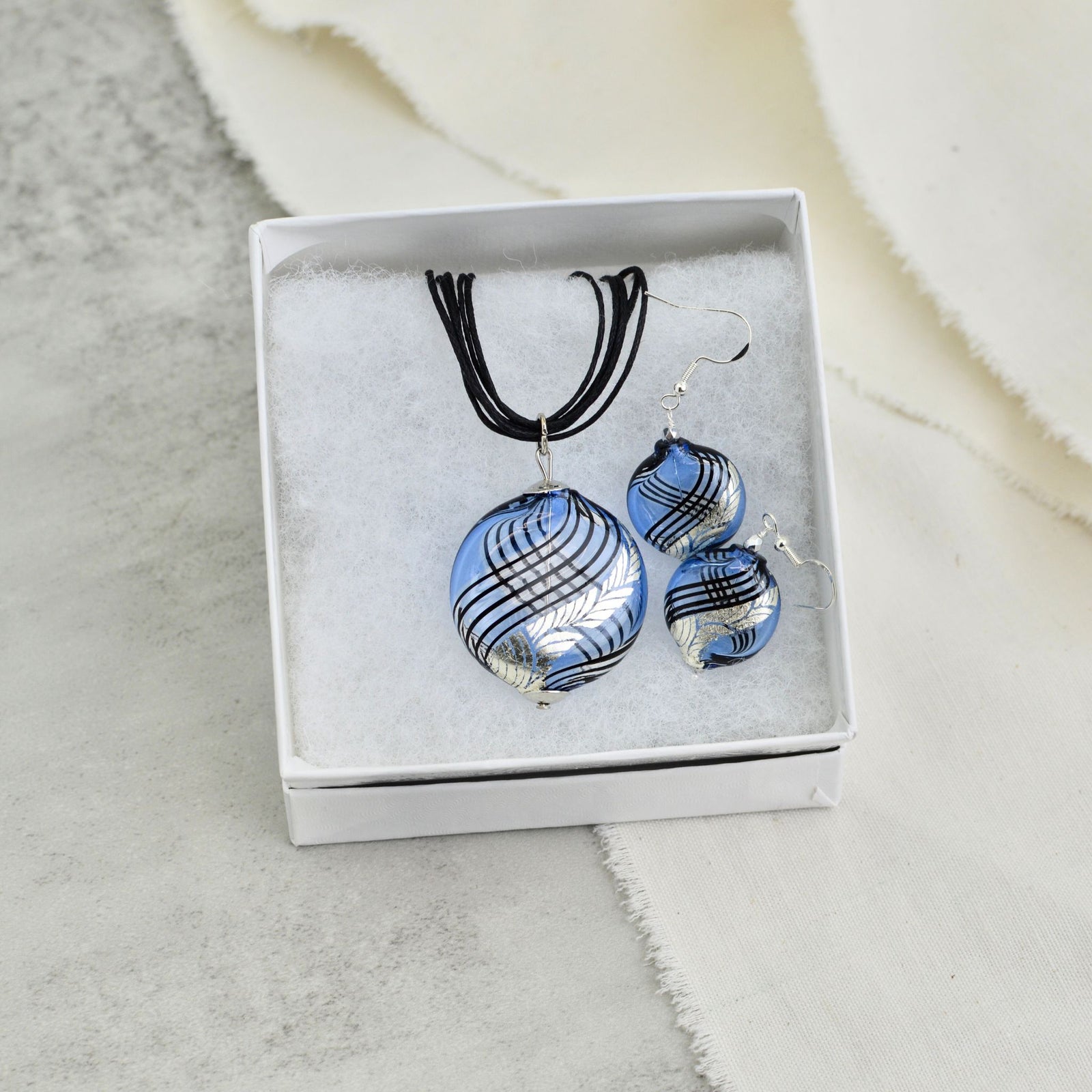 Murano Glass Aria Necklace and Earrings, Blue & Silver, Handcrafted in Italy - My Italian Decor