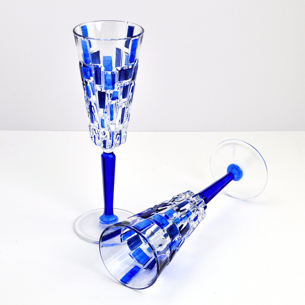 Etna Hand Painted Italian Crystal Champagne Sapphire Blue Flute Glasses