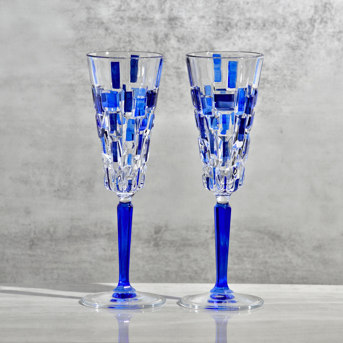 Etna Hand Painted Italian Crystal Champagne Sapphire Blue Flute Glasses