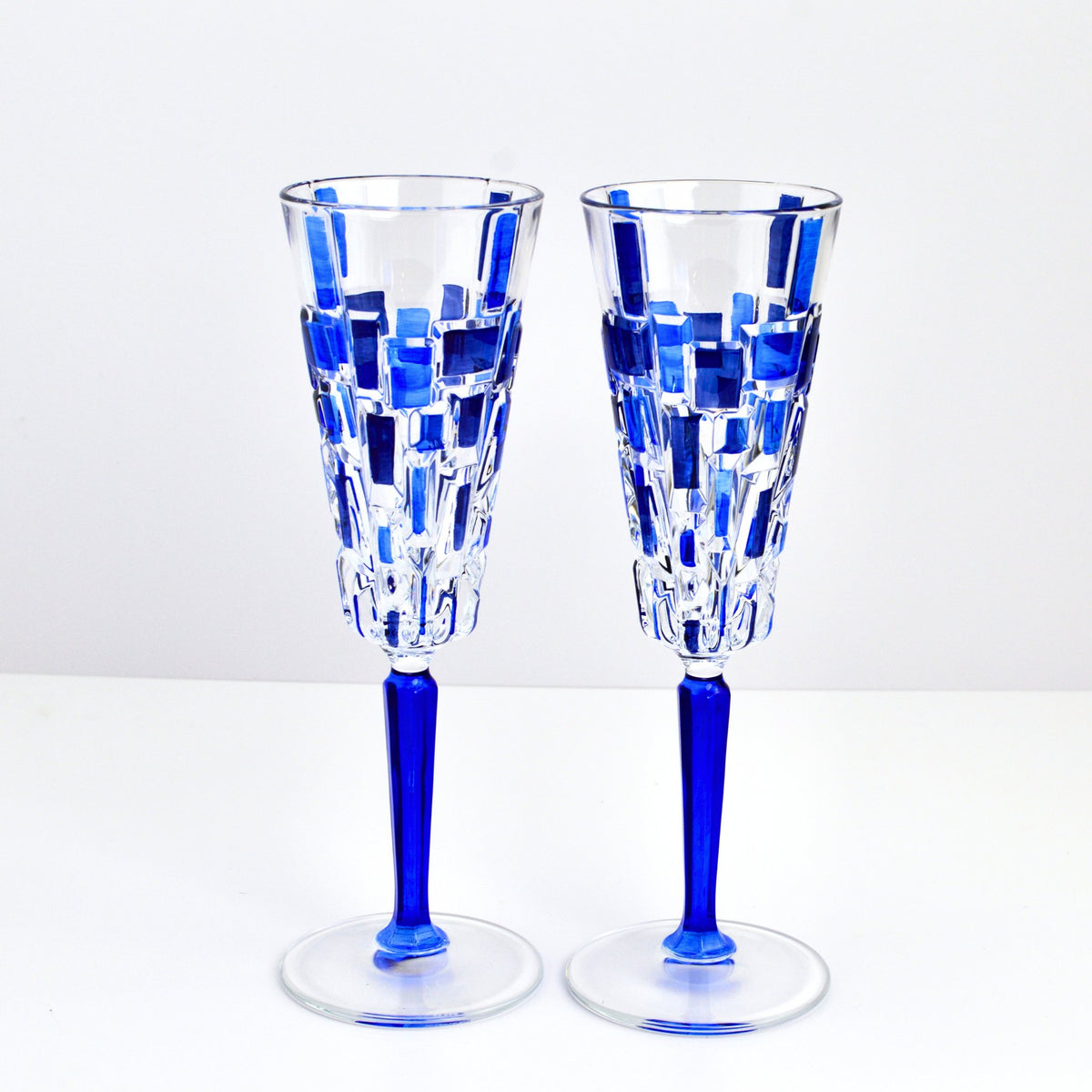 Etna Hand Painted Italian Crystal Champagne Sapphire Blue Flute Glasses