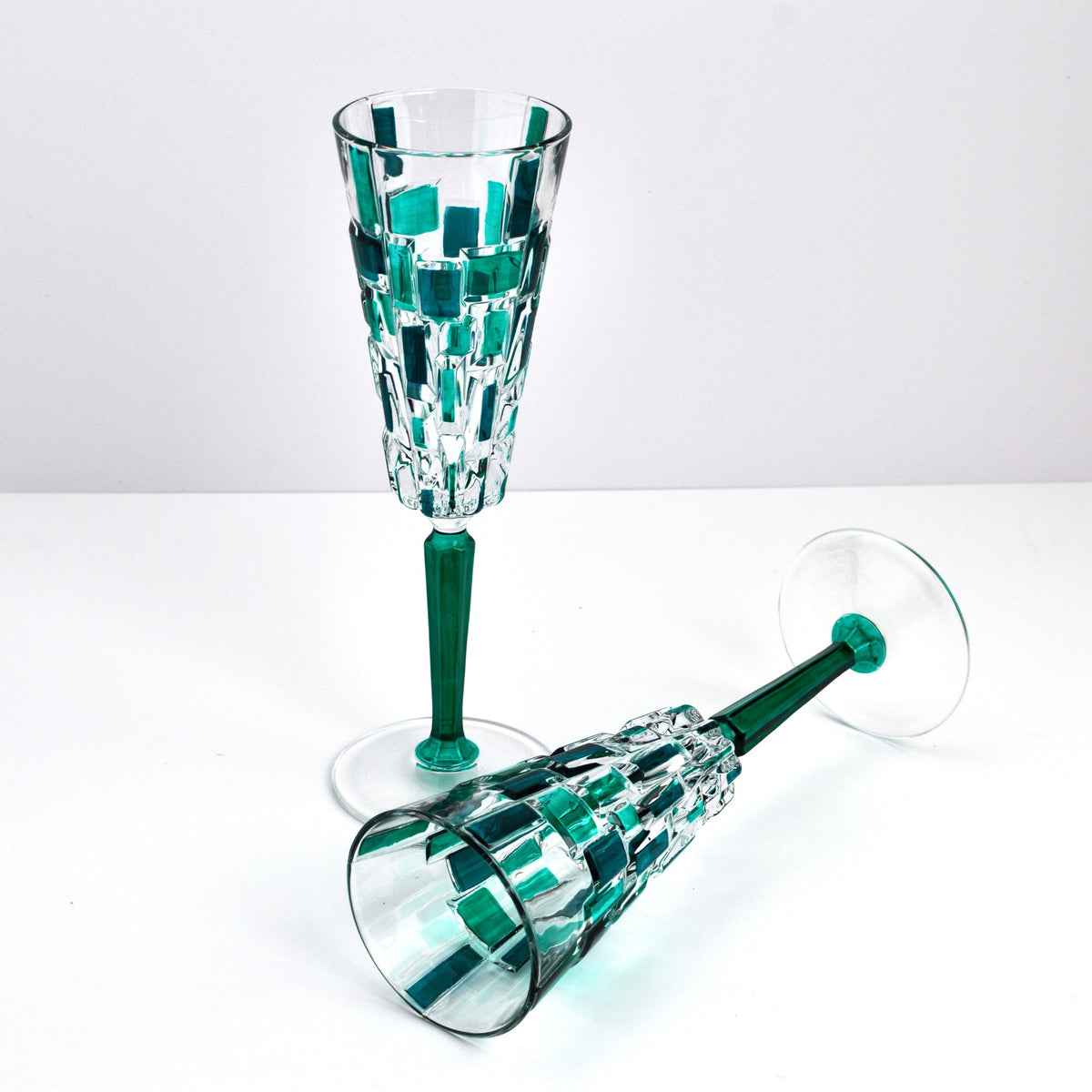 Etna Hand Painted Italian Crystal Champagne Emerald Green Flute Glasses