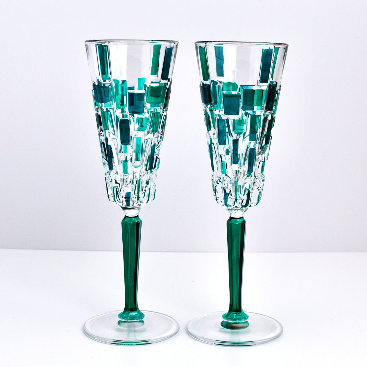 Etna Hand Painted Italian Crystal Champagne Emerald Green Flute Glasses