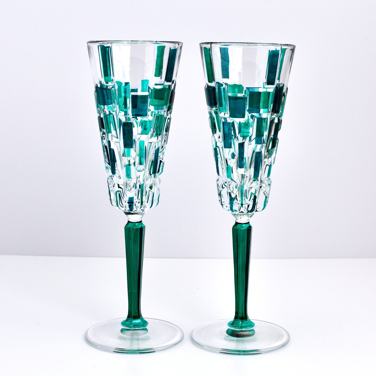 Etna Hand Painted Italian Crystal Champagne Emerald Green Flute Glasses - My Italian Decor