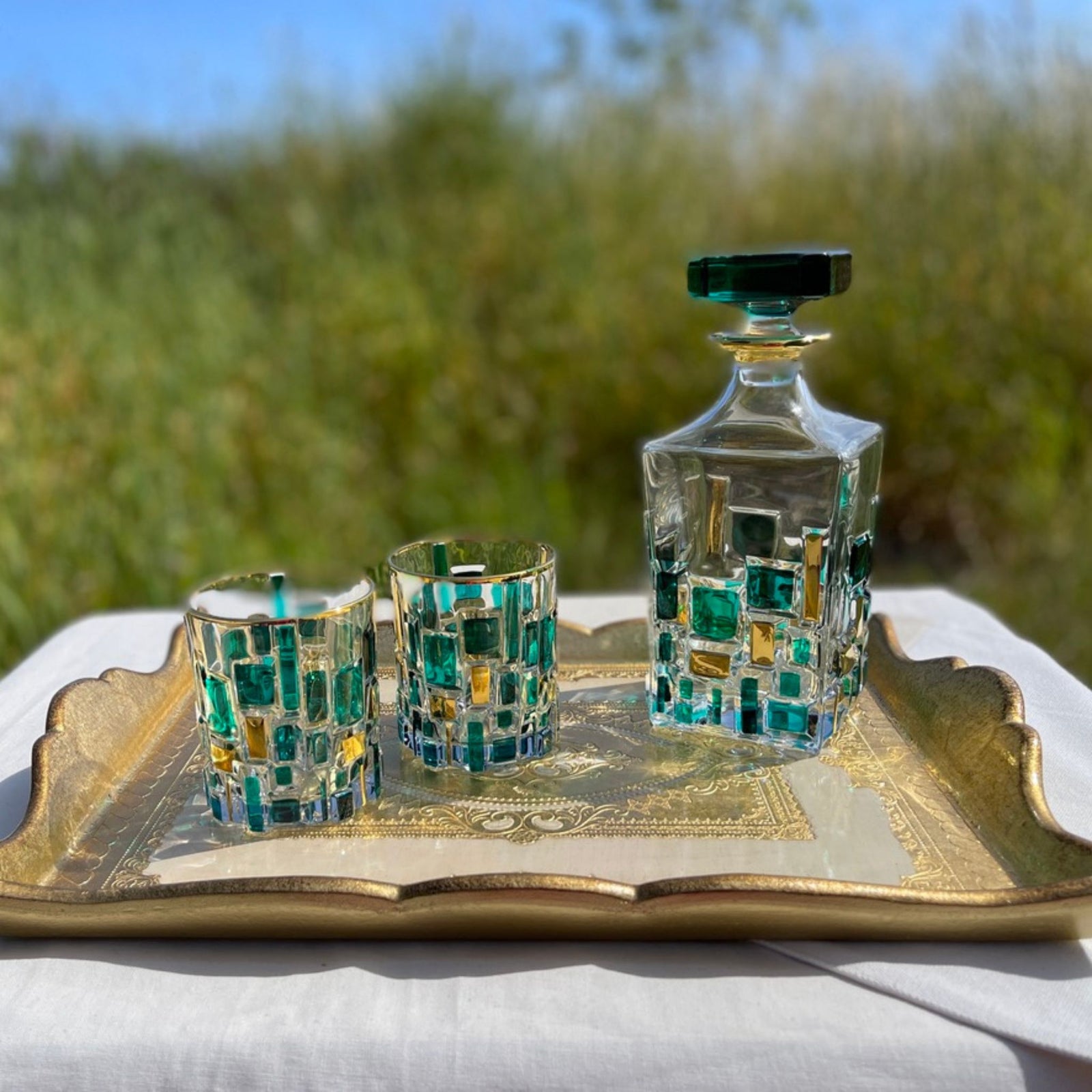 Etna Hand Painted Italian Crystal Decanter, Glasses, Green/Gold - My Italian Decor
