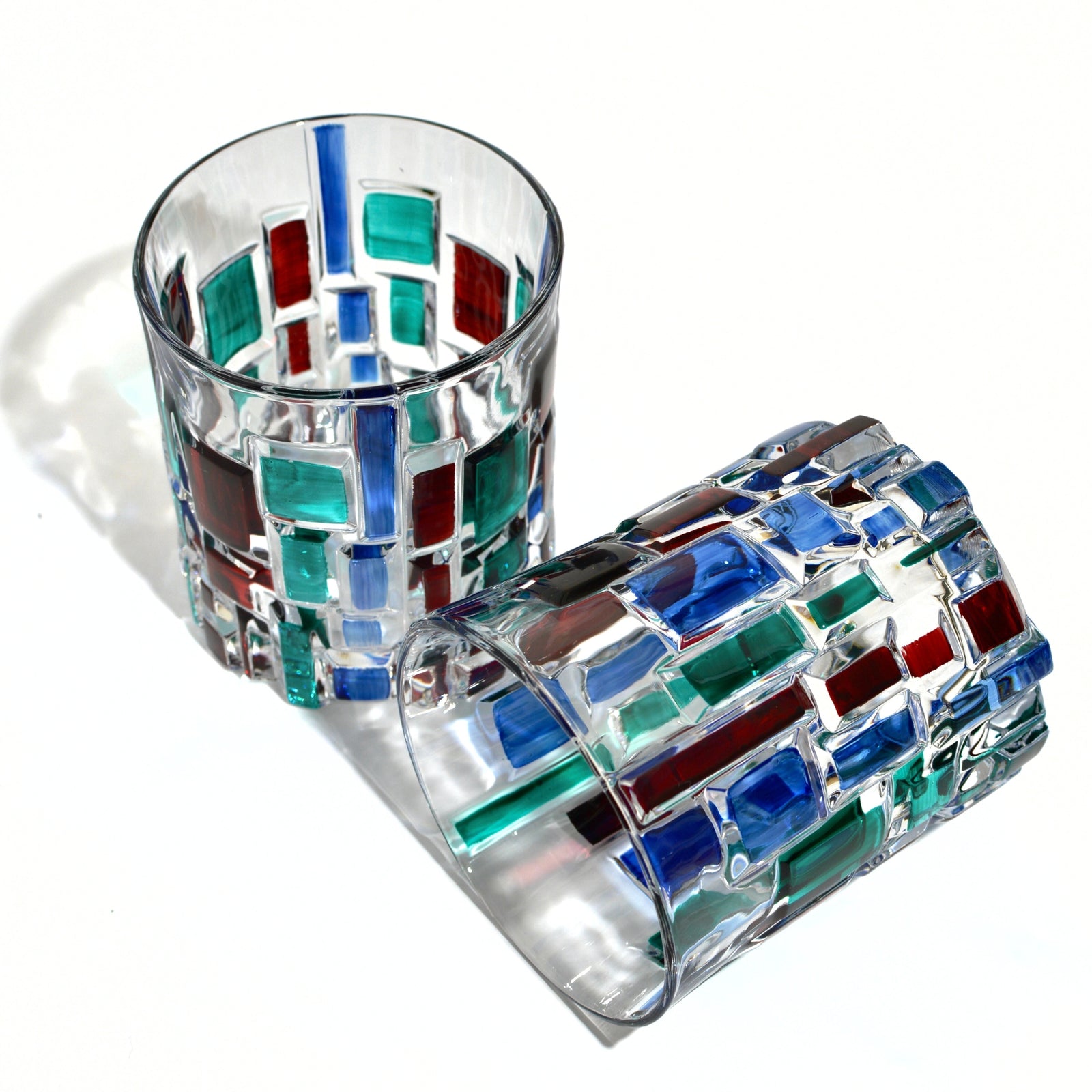 Set of 2 DZ Etna hand-painted Italian crystal short tumblers with a multi-dusk dark design, showcasing intricate craftsmanship.