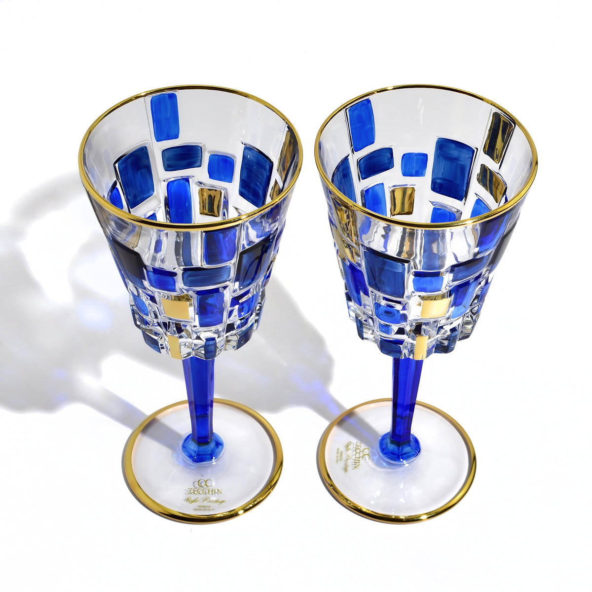 Etna Sapphire Blue &amp; Gold Crystal Wine Glasses