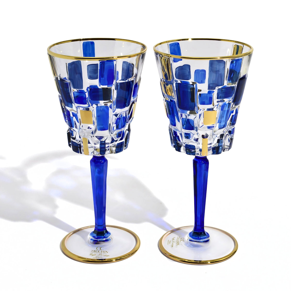 Etna Sapphire Blue &amp; Gold Crystal Wine Glasses