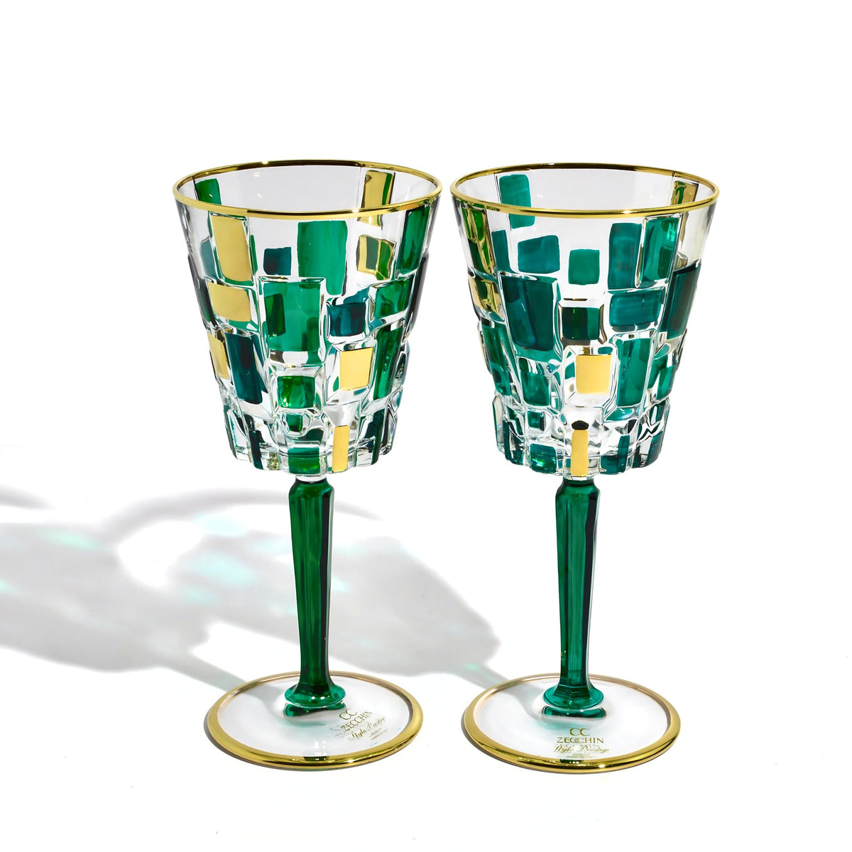 Etna Emerald Green &amp; Gold Crystal Wine Glasses