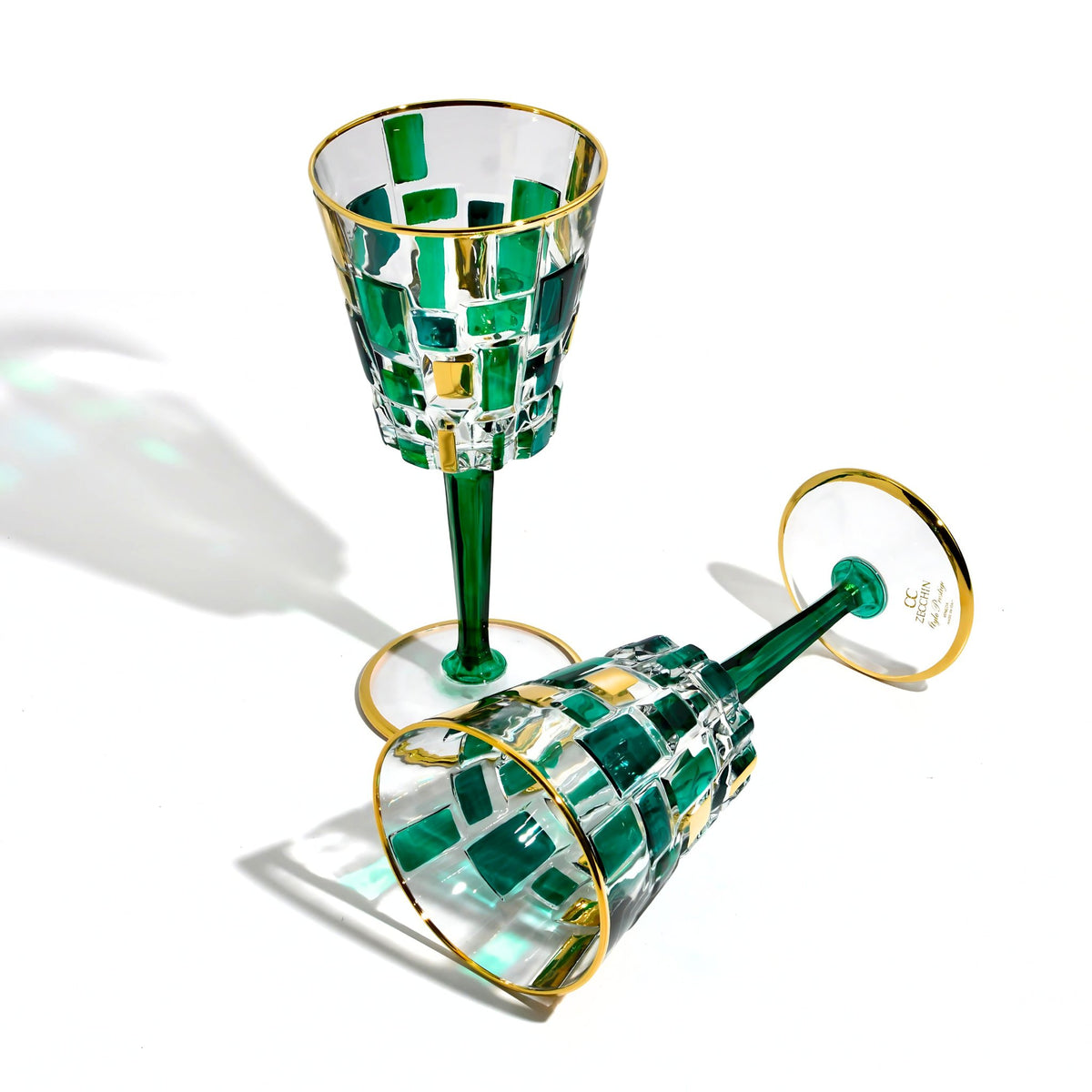 Etna Emerald Green &amp; Gold Crystal Wine Glasses