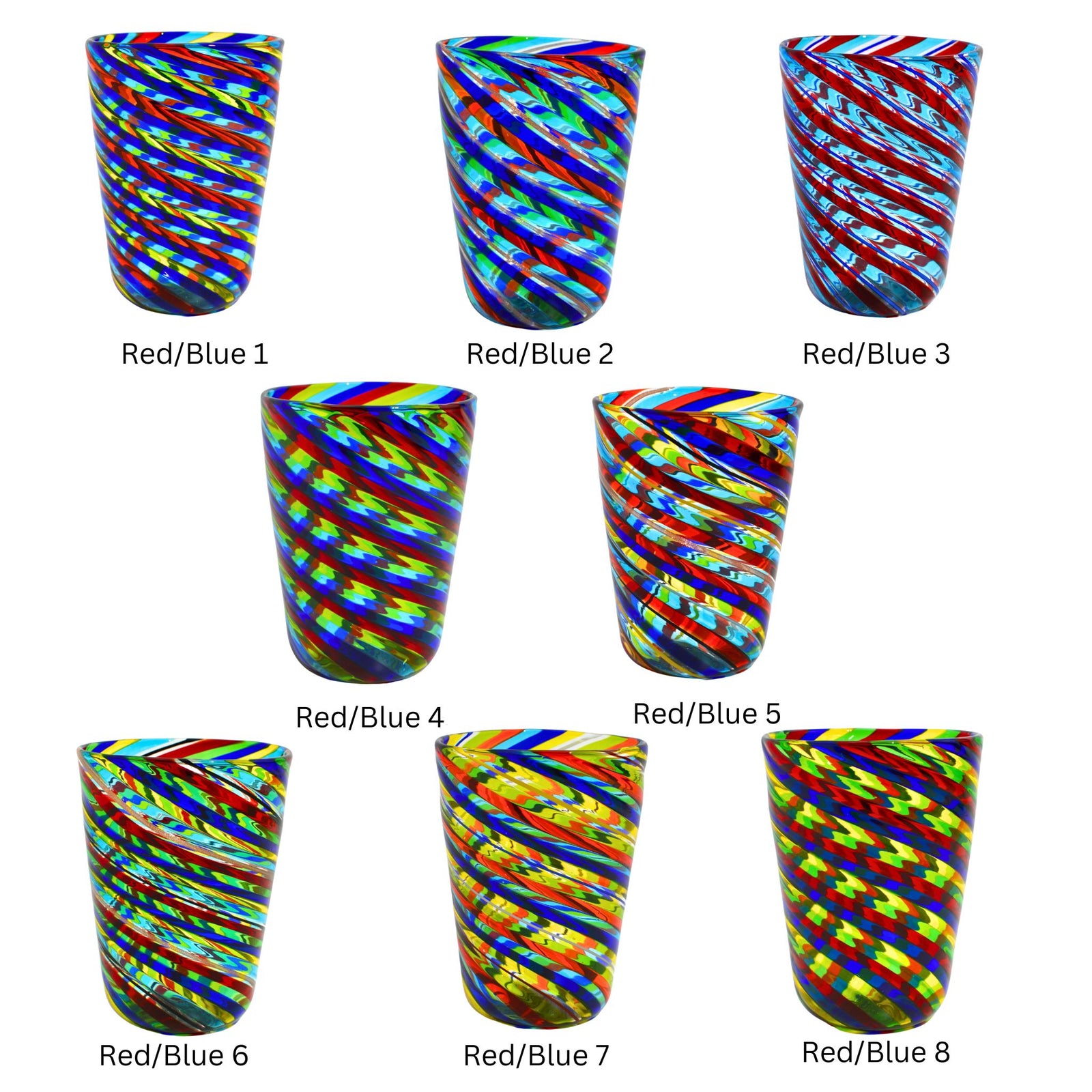 Set of Murano Glass Filligrana Harlequin Tumblers by MyItalianDecor, featuring colorful Italian hand-blown glass drinkware.