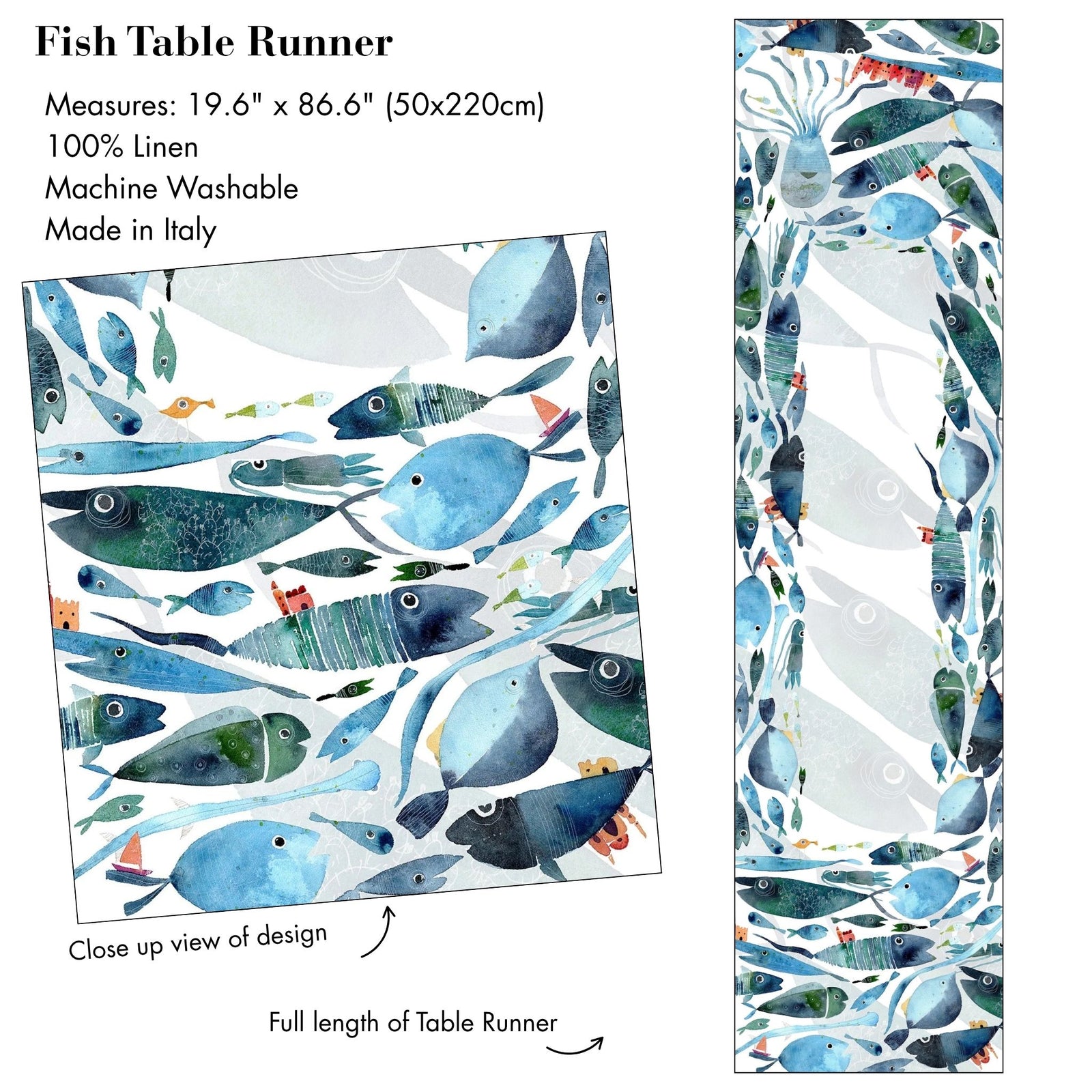 Elegant linen fish table runner by My Italian Decor, made in Italy, perfect for adding a stylish touch to dining tables.