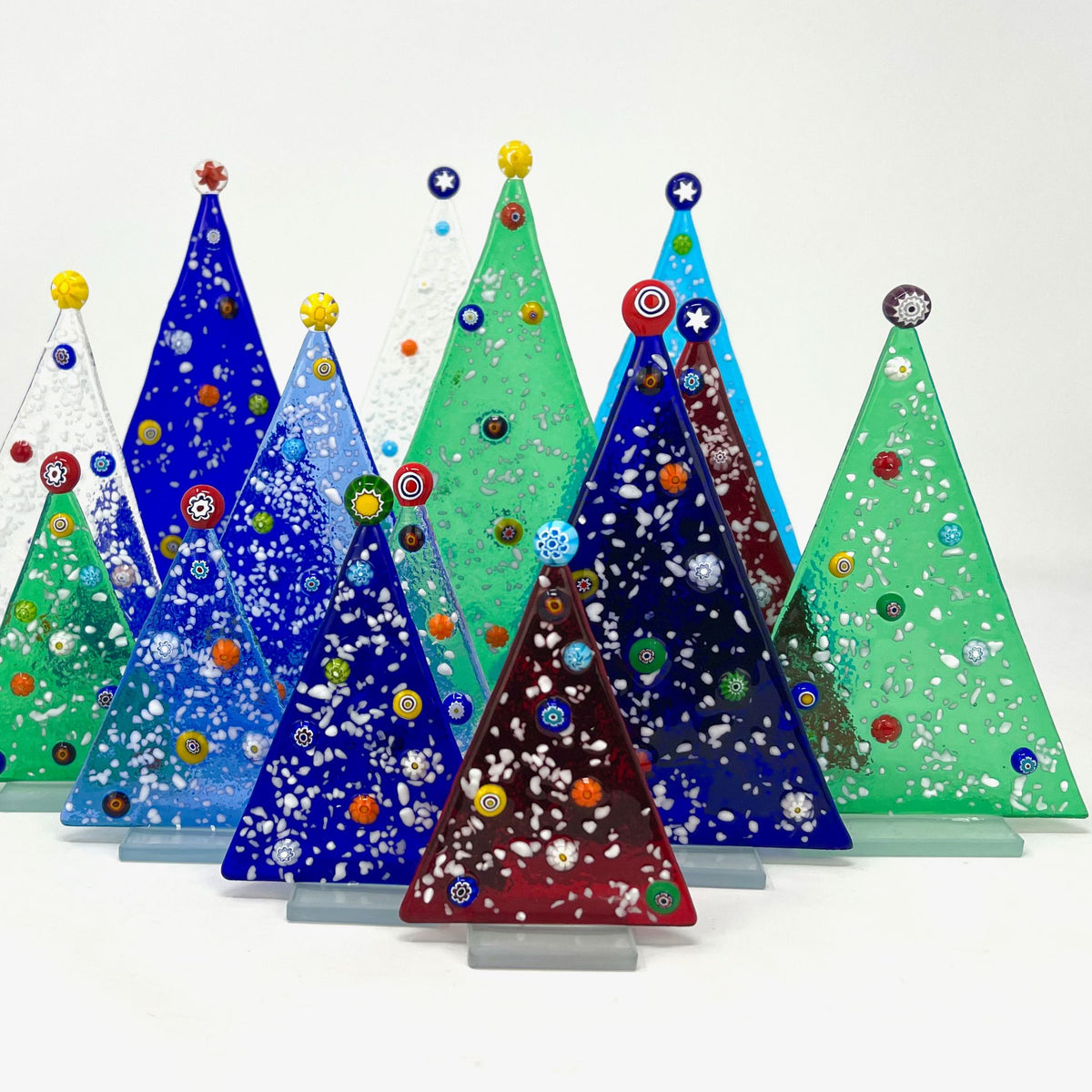 Murano Glass Flat Snowy Christmas Tree With Millefiori Mosaics - My Italian Decor