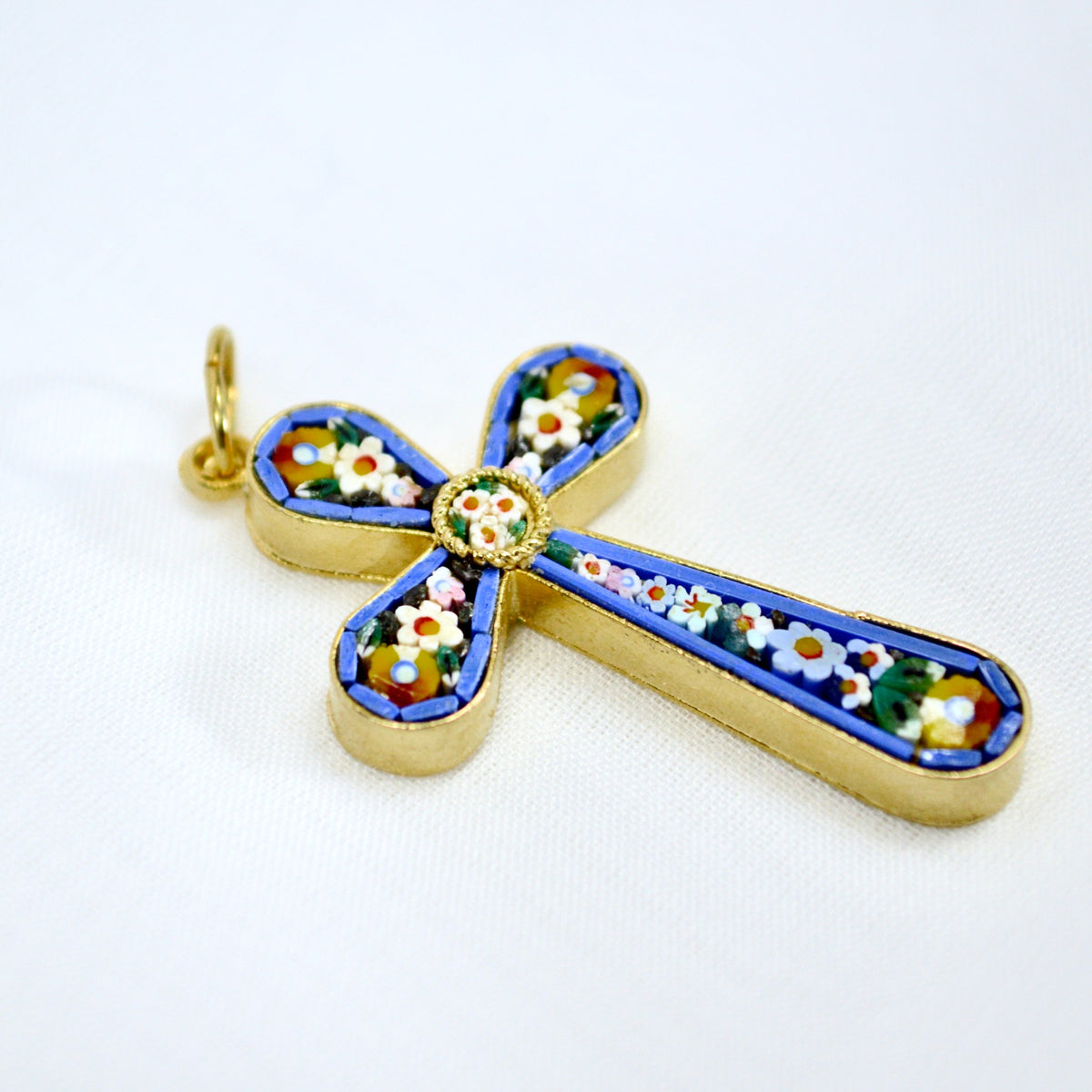 Florentine Glass Mosaic Cross Pendant, Floral Design, Made In Italy - My Italian Decor