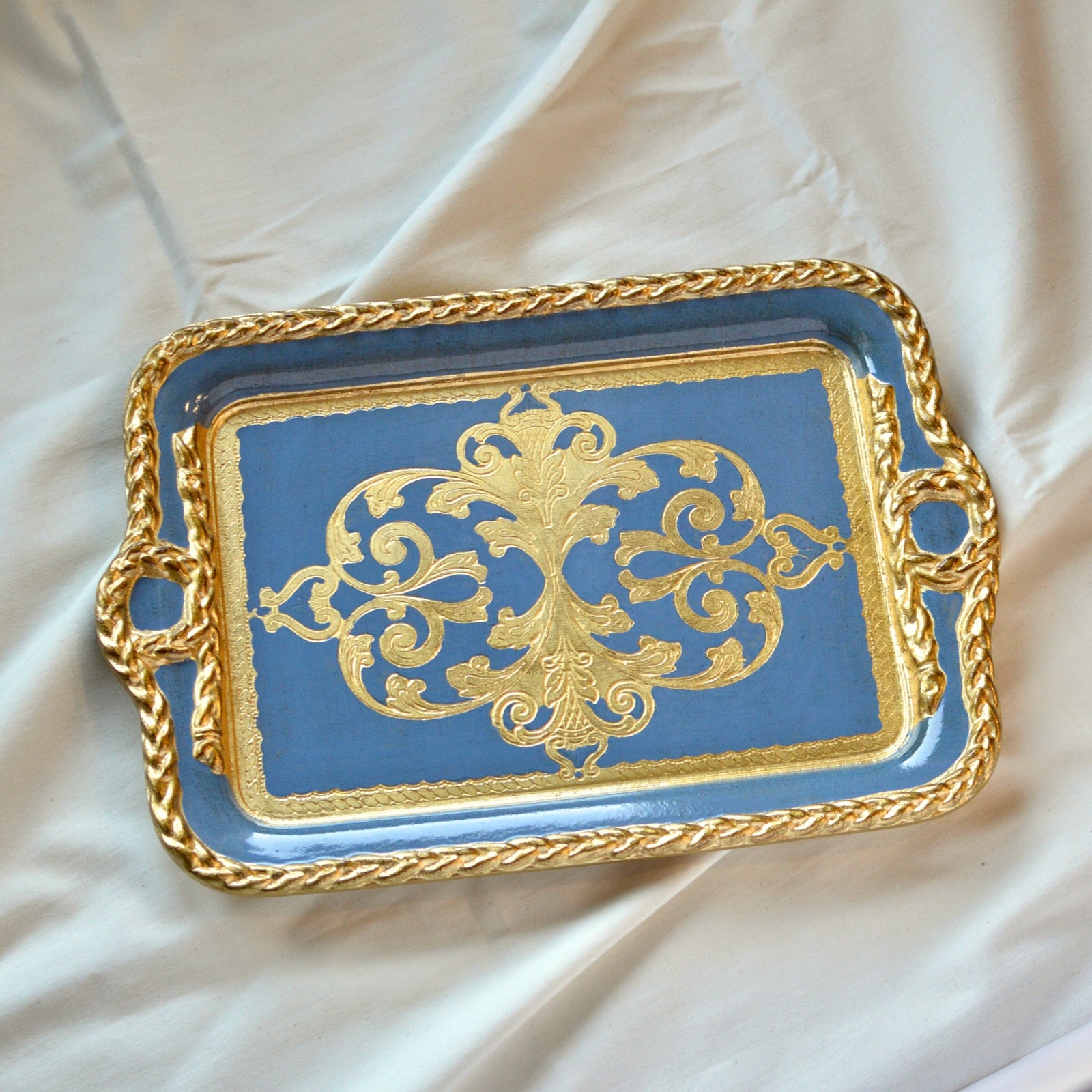 Decorative Florentine carved wood tray with gilded gold finish, rectangular shape, made in Italy by My Italian Decor.