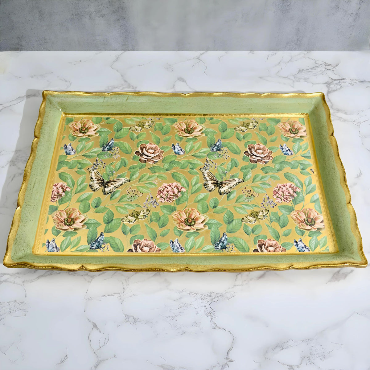 Florentine Carved Wood Decoupage Tray, Floral &amp; Butterflies - My Italian Decor
