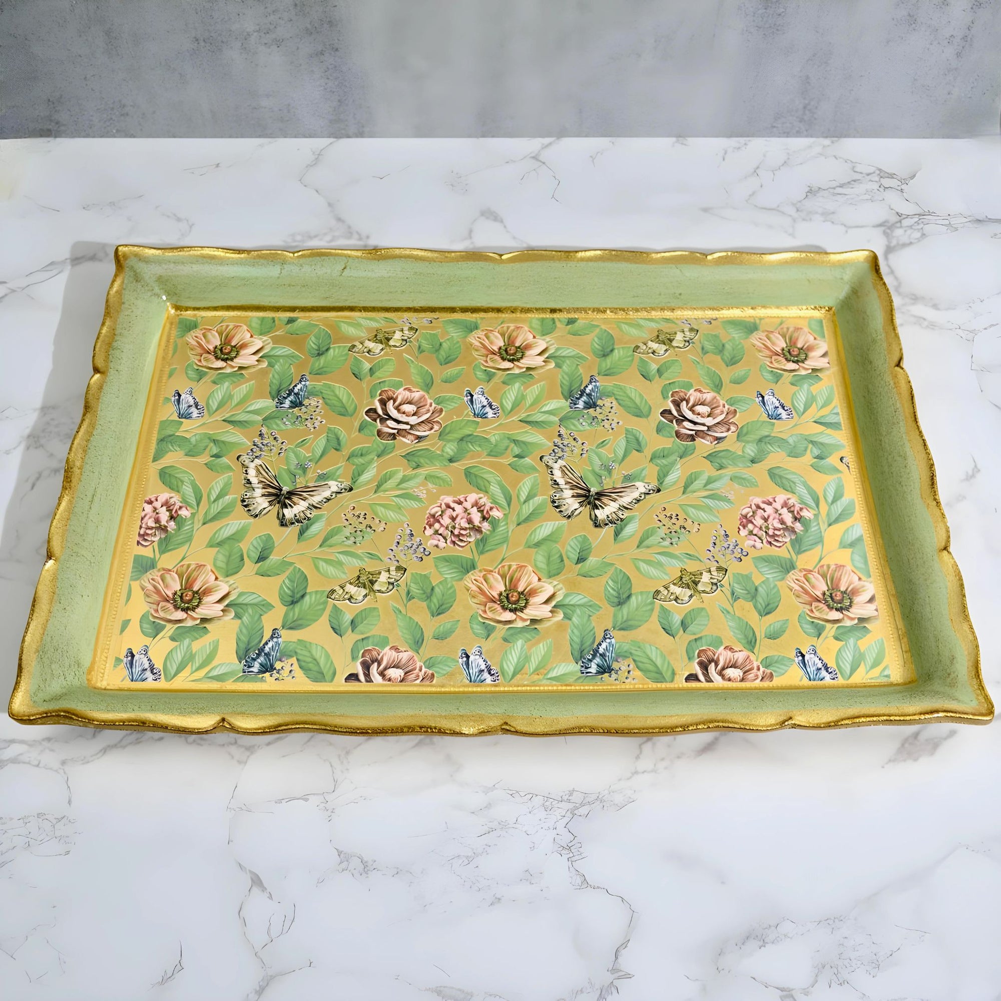 Florentine Carved Wood Decoupage Tray, Floral & Butterflies - My Italian Decor
