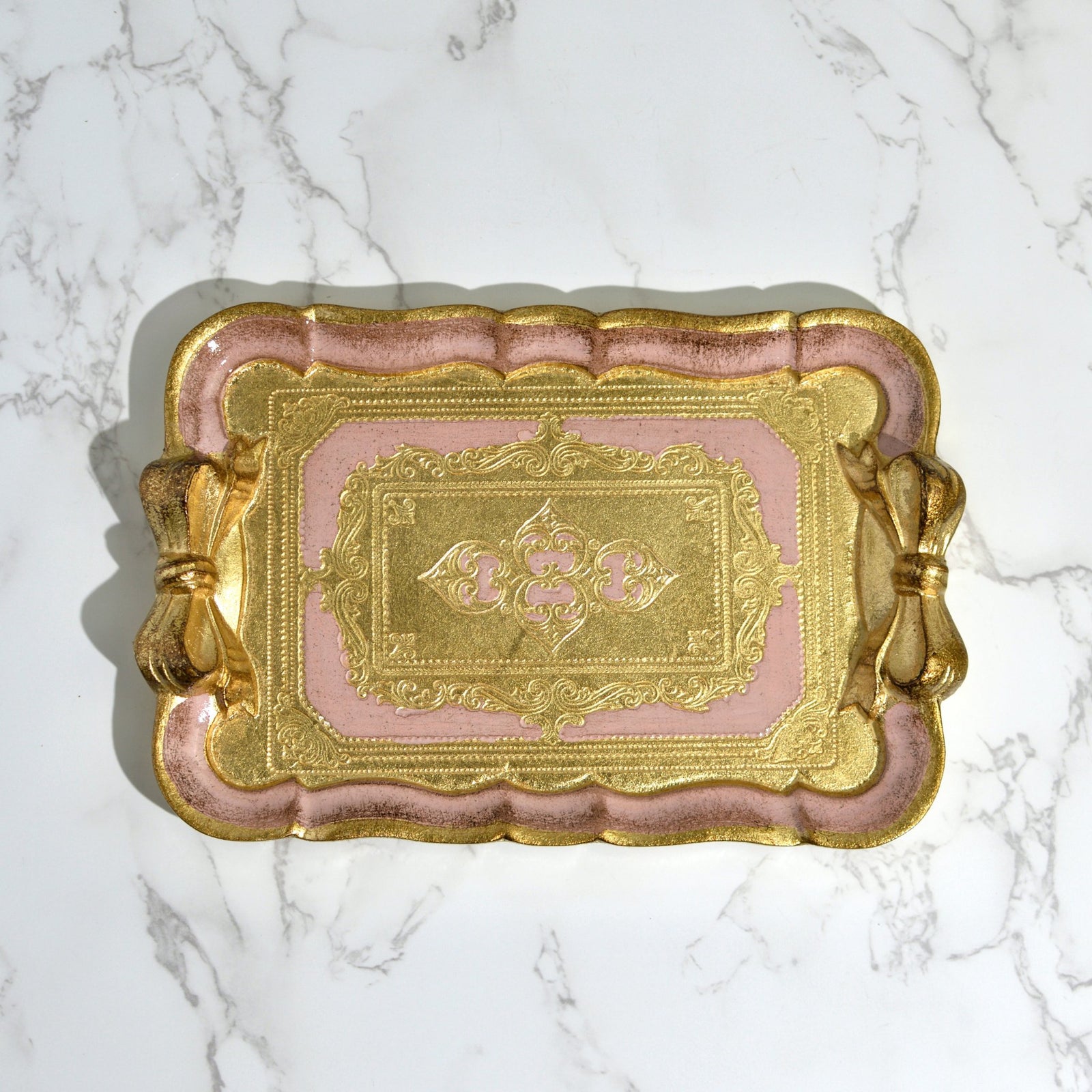 Decorative Florentine carved gilded wood tray with bow, made in Italy, featuring intricate detailing and vibrant colors.
