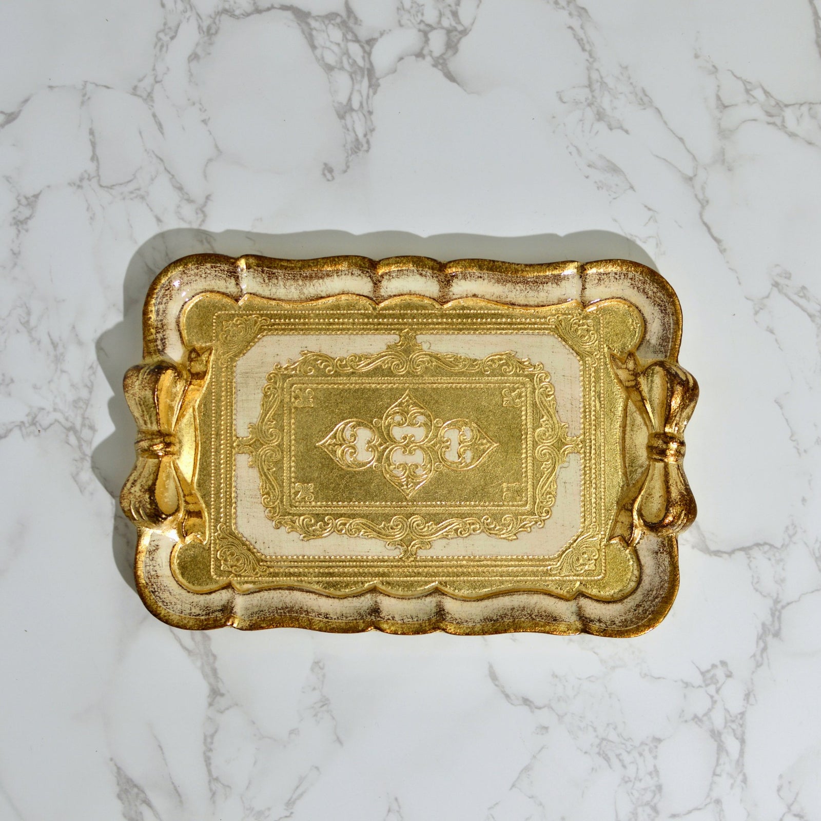 Decorative Florentine carved gilded wood tray with bow, made in Italy, featuring intricate detailing and vibrant colors.