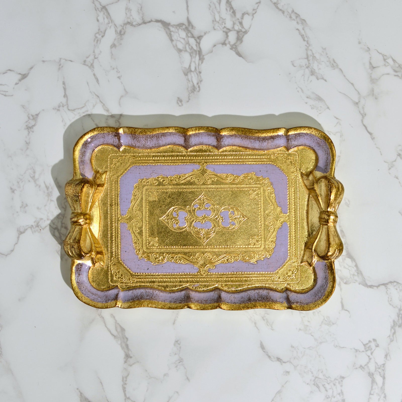 Decorative Florentine carved gilded wood tray with bow, made in Italy, featuring intricate detailing and vibrant colors.