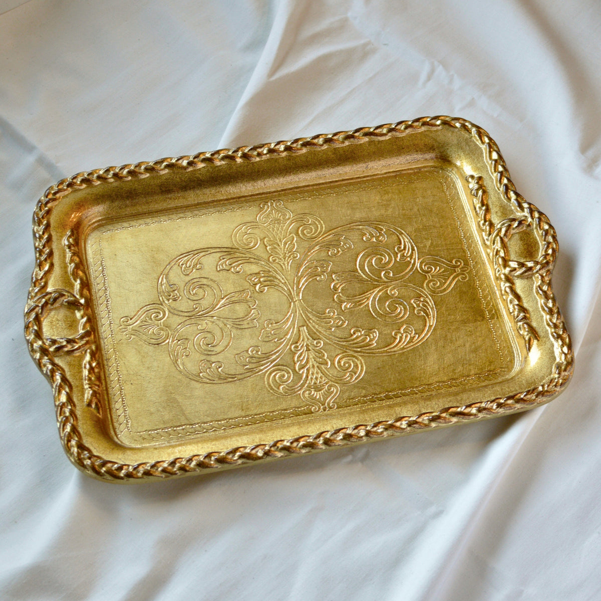 Florentine Carved Wood Tray, Gilded, Gold Rectangle, Made in Italy