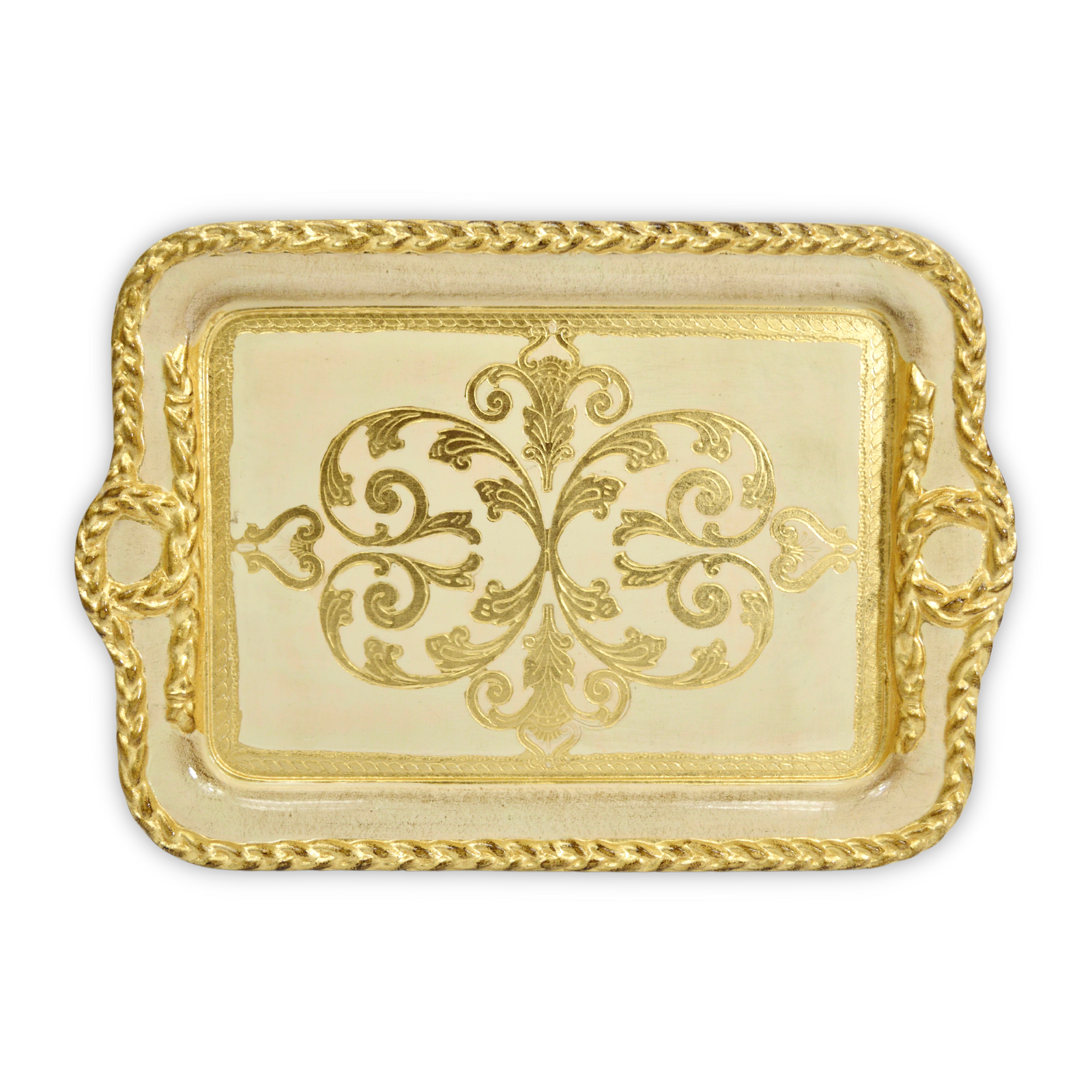 Decorative Florentine carved wood tray with gilded gold finish, rectangular shape, made in Italy by My Italian Decor.