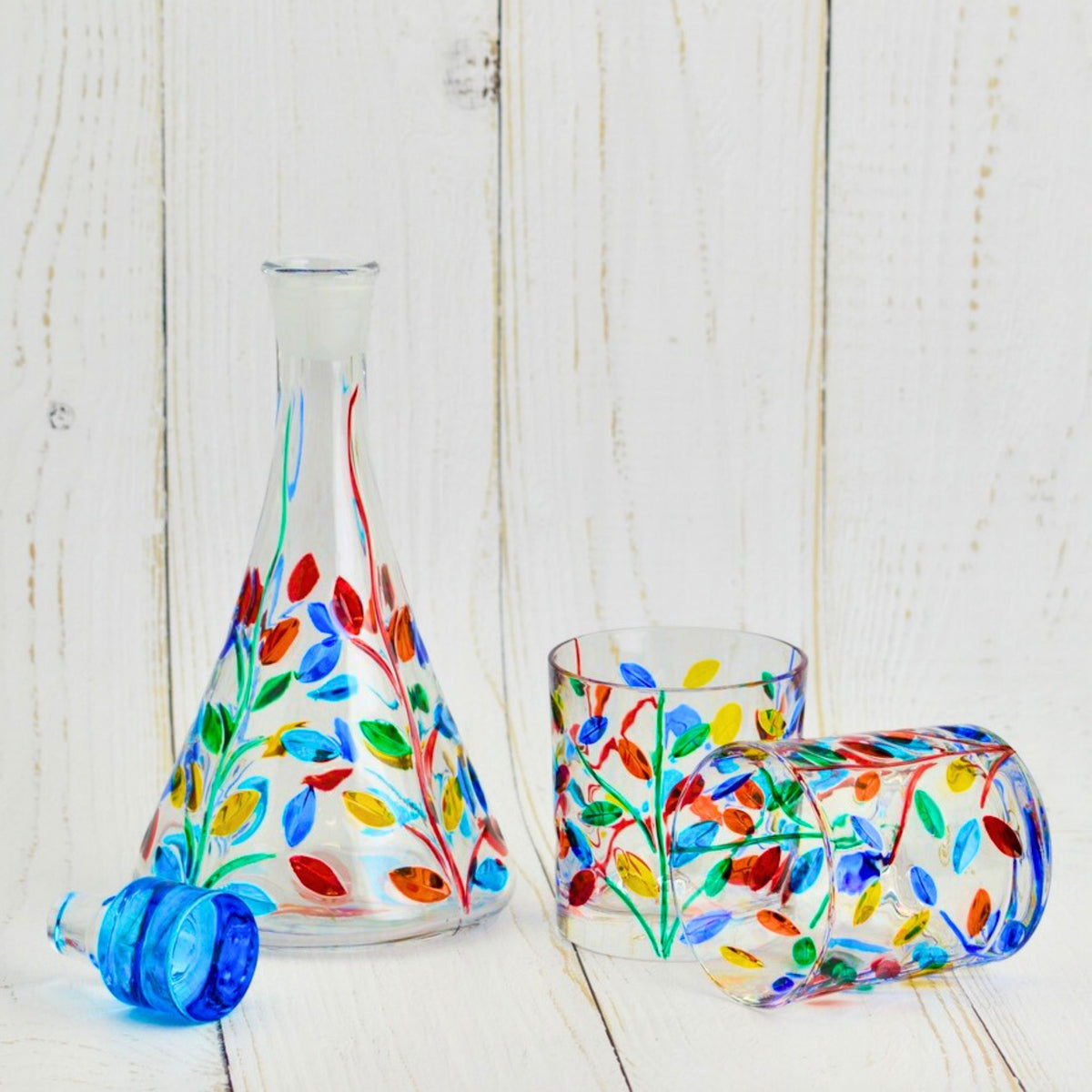 Flowervine Triangle Decanter, Hand Painted Crystal, Made in Italy