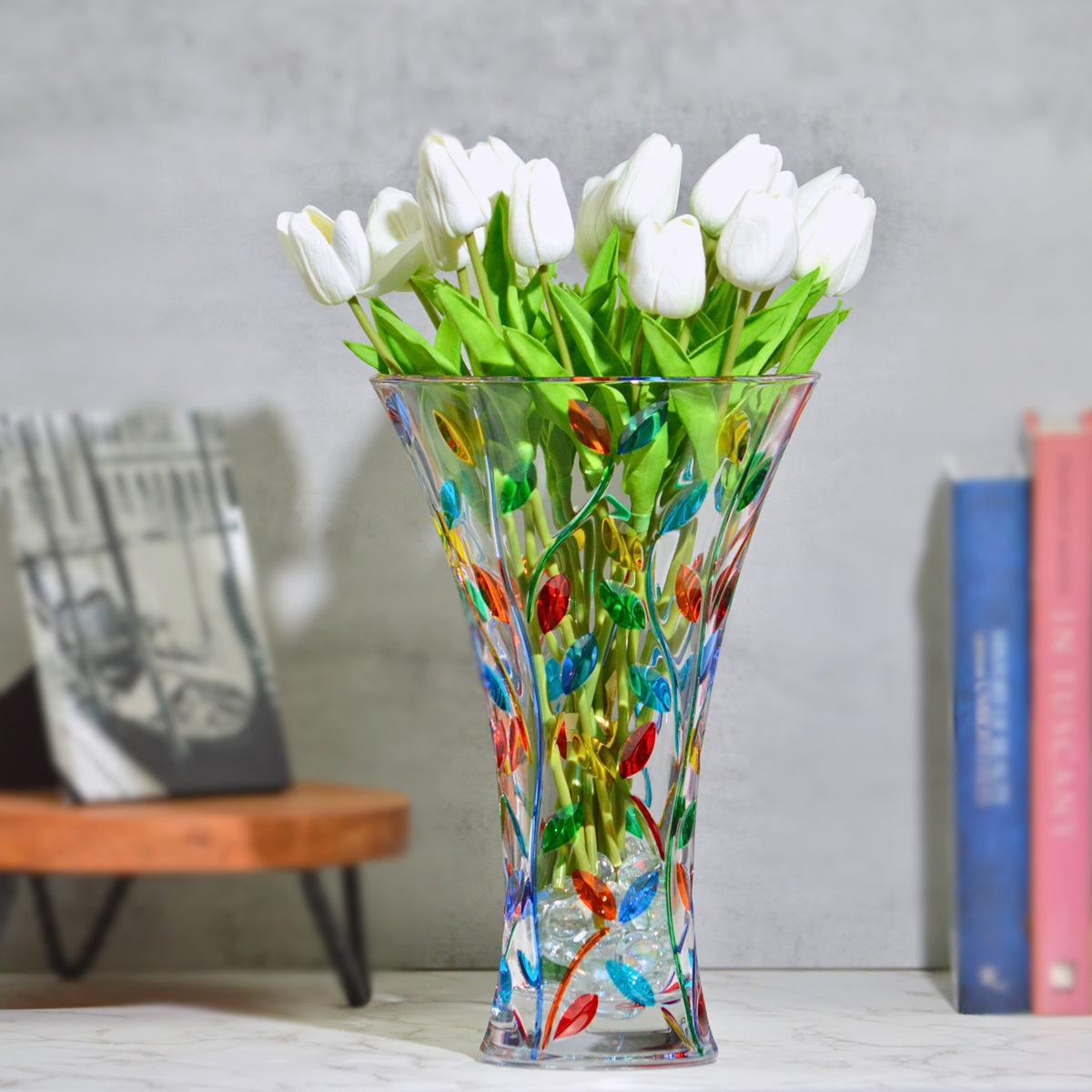Flowervine, Tree of Life Tulip Vase 12&quot;, Large, Hand Painted Italian Crystal