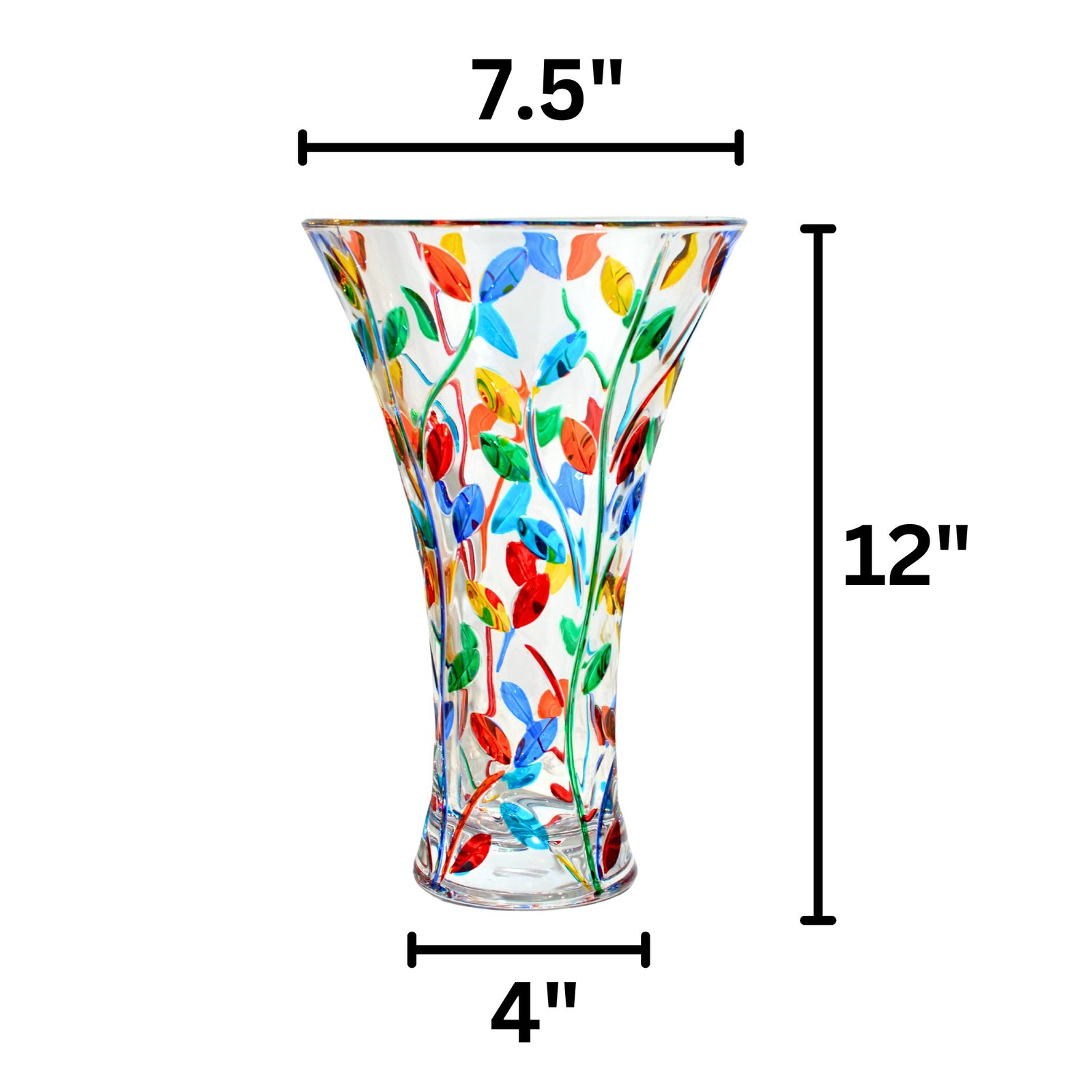 Large 12-inch DZ Flowervine Tree of Life Tulip Vase, hand-painted Italian crystal with floral design and blurred background.