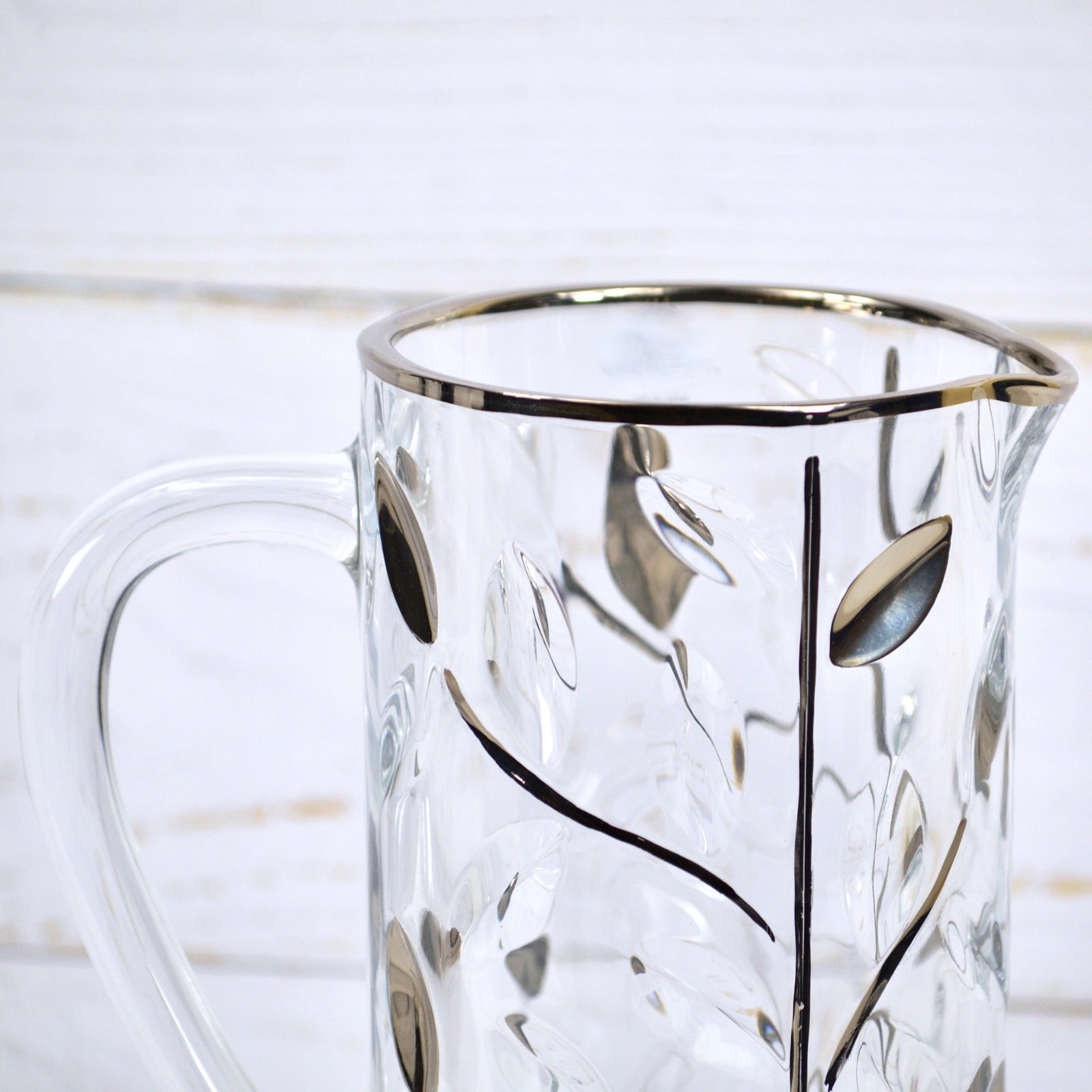 DZ Flowervine hand-painted platinum crystal drink pitcher, elegant serving pitcher with floral design and crystal accents.