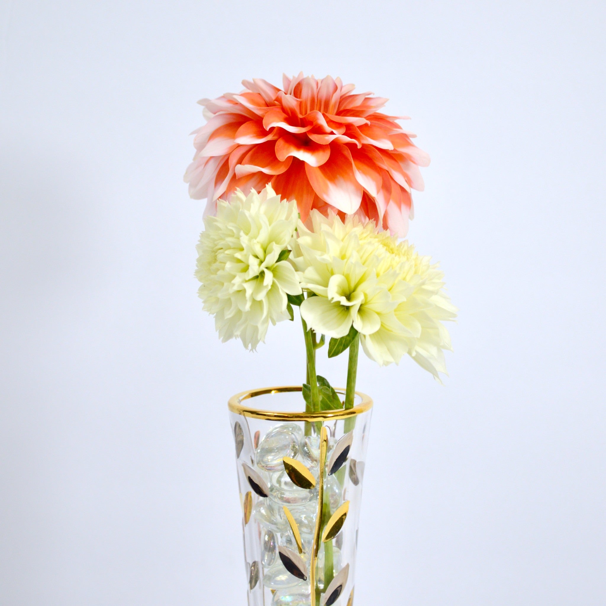 Flowervine platinum and gold Italian crystal bud vase with delicate floral arrangement, elegant and decorative for home decor.