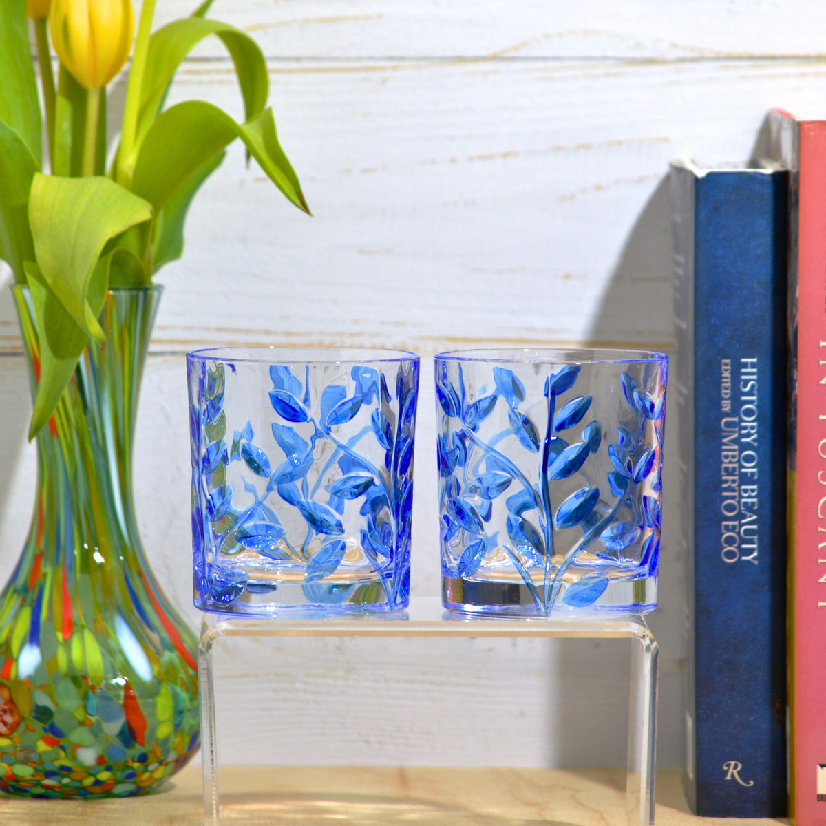 Hand-Painted Italian Crystal Flowervine Drink Glasses, Sky Blue