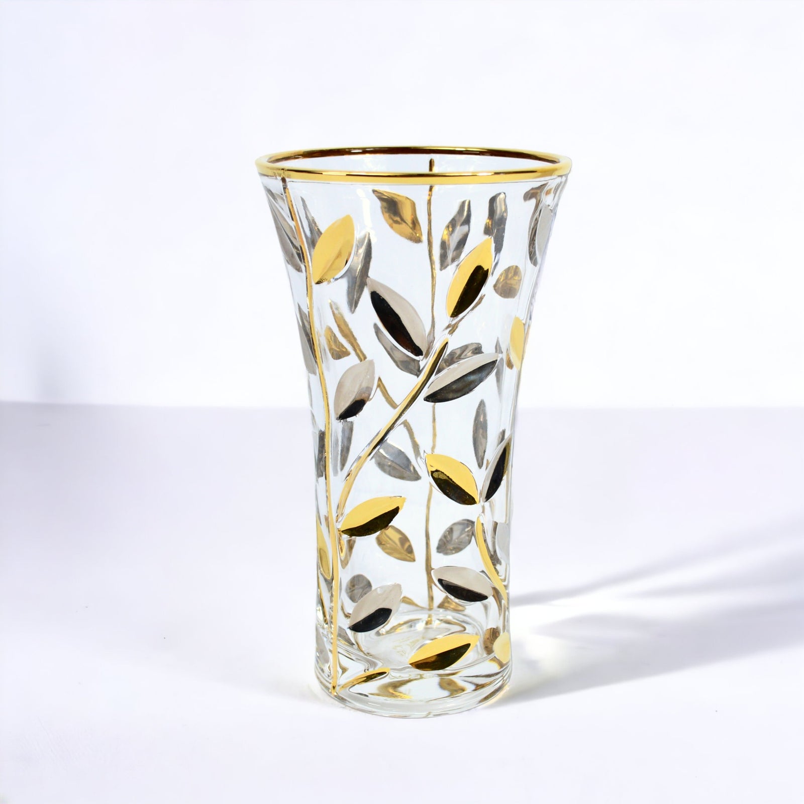 Luxury Hand Blown Glass Vase - Etched & Painted Gold Leaves - Unique S