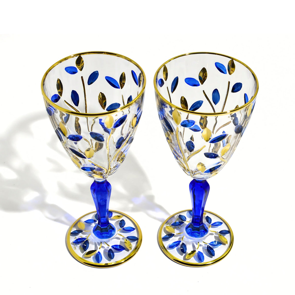 Flowervine Sapphire Blue and Gold Wine Glasses, Set of 2