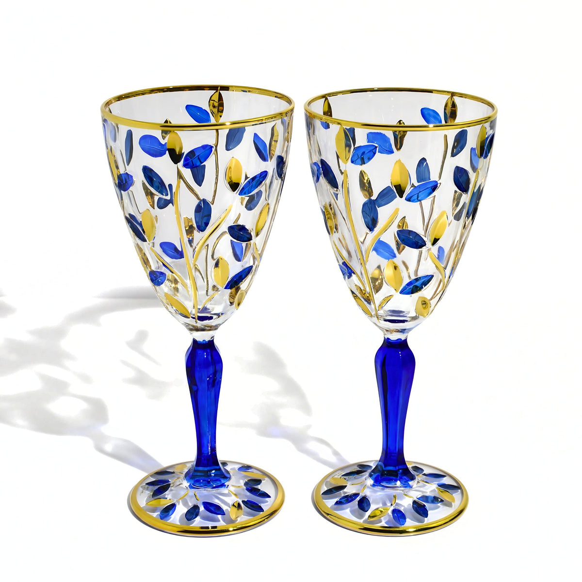 Flowervine Sapphire Blue and Gold Wine Glasses, Set of 2