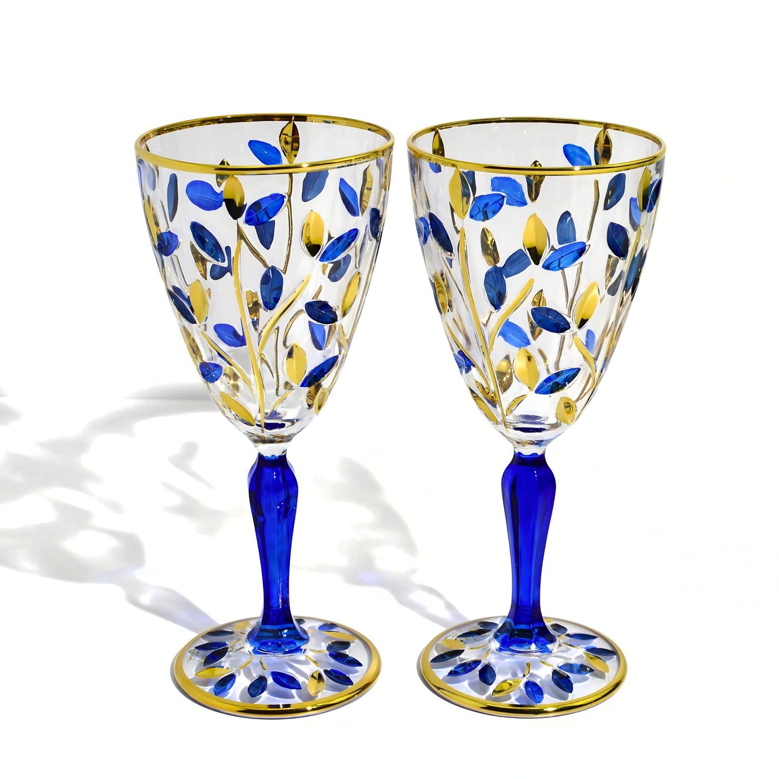 Flowervine Sapphire Blue and Gold Wine Glasses, Set of 2 - My Italian Decor